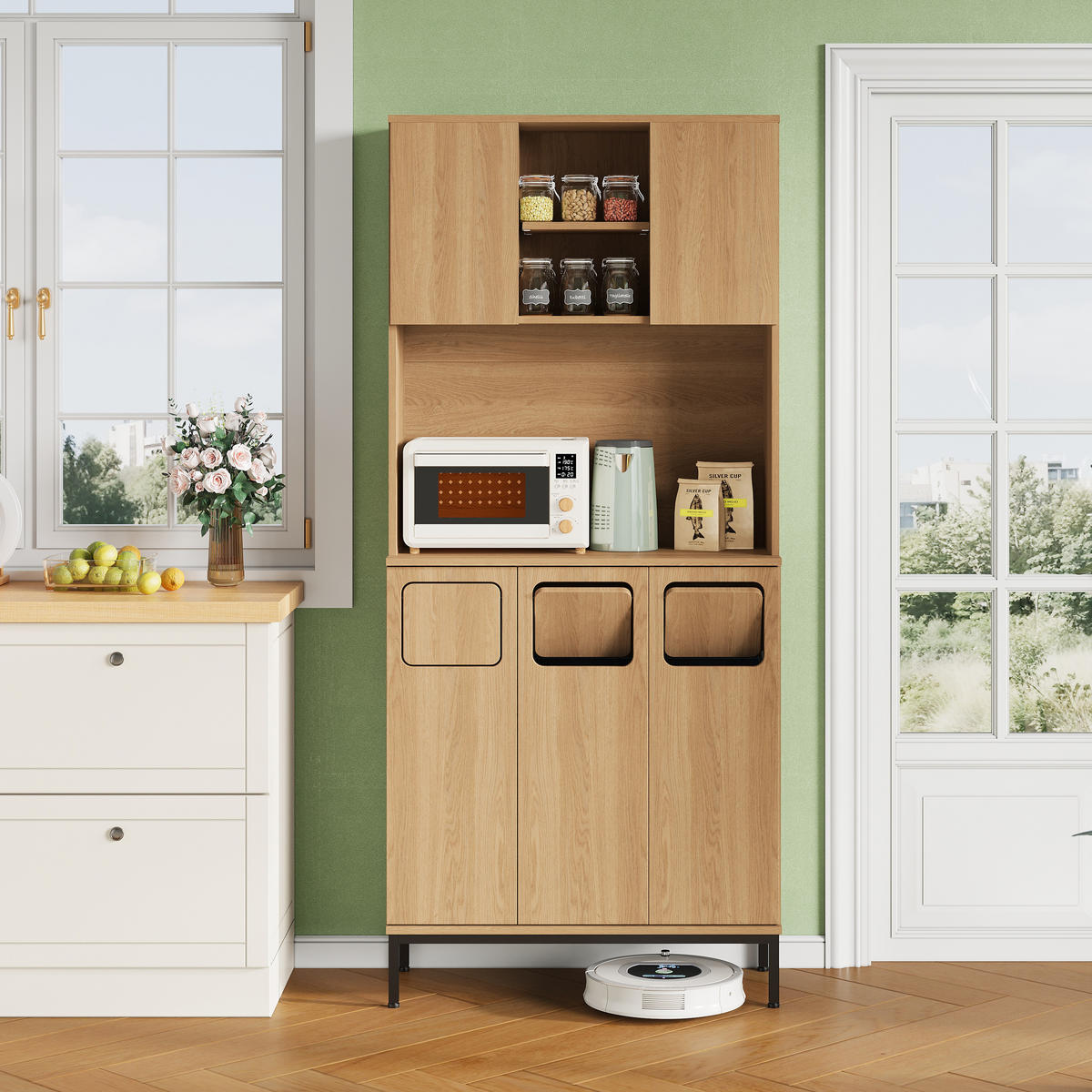 BUFFET aus MDF 35x80x181 cm Natur mit 3 Fächern, Mikrowellenablage und Stauraum - Naturfarben, Holzwerkstoff (80/181/35cm) - Modfu