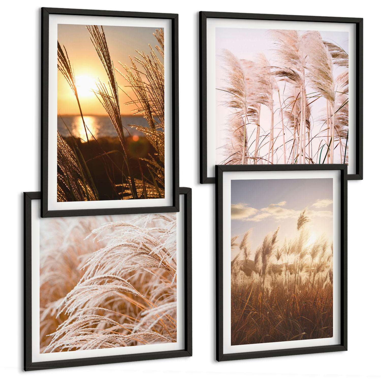BILDER SET 4er Set - 50x50 cm & 40x60 cm Schwarzer Rahmen - Boho-Grasfeld-Sonnenuntergang - Schwarz, Kunststoff (50/50cm) - TULUP