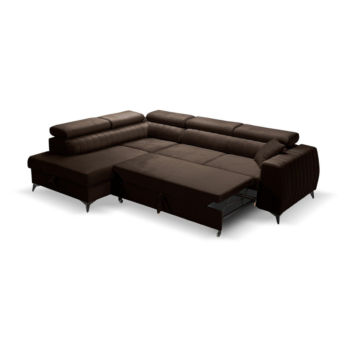 ECKSOFA PIERO L Links mit Schlaffunktion 195x125 Velours Braun - Schwarz/Braun, Holz/Textil (268/203cm) - Muffo