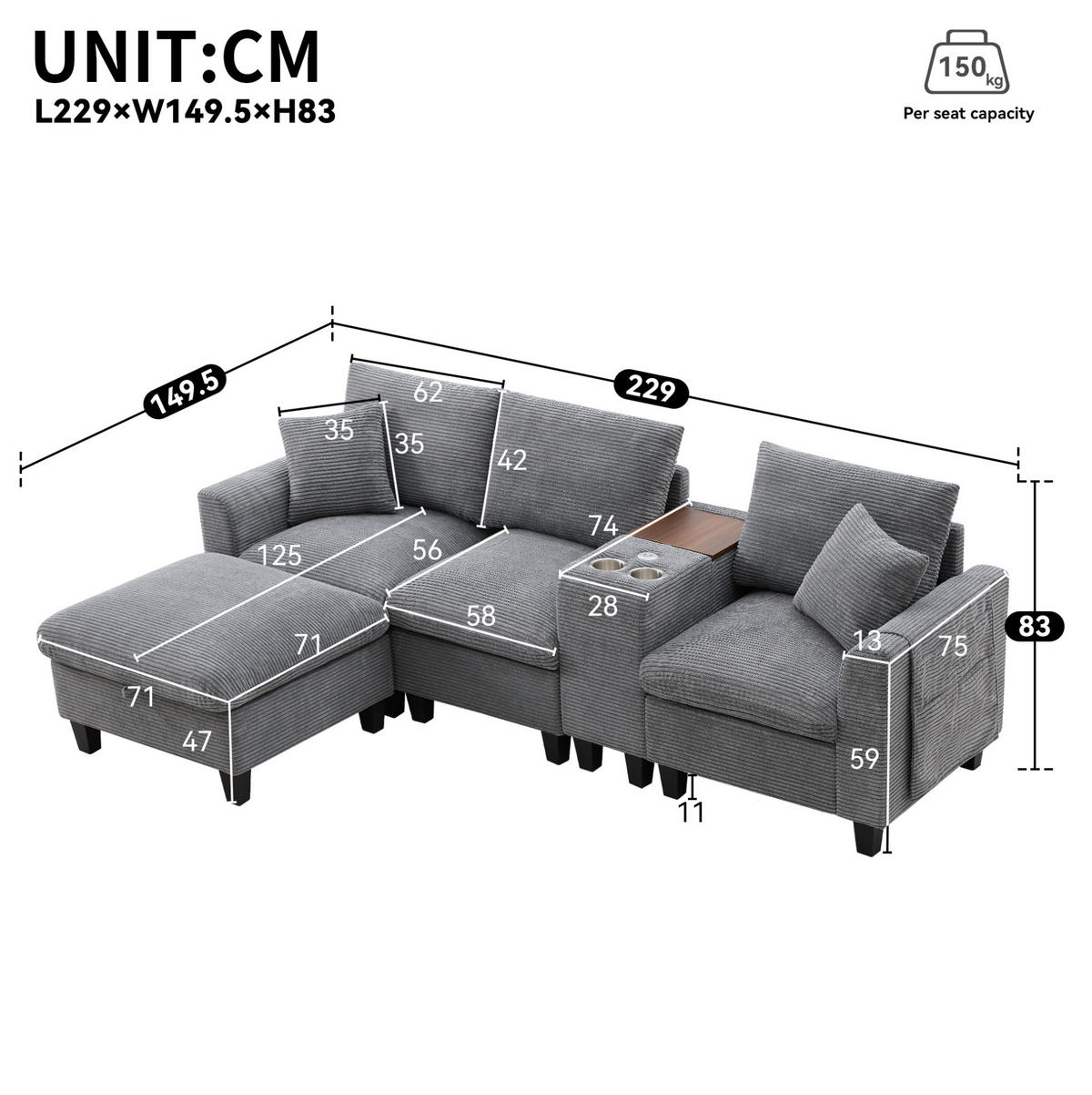 WOHNLANDSCHAFT aus Cord 229x149,5x83 cm Grau mit USB-Anschlüssen, Mittelkonsole, Becherhaltern und Stauraumhocker - Grau, Textil (149.5/229cm) - Modfu