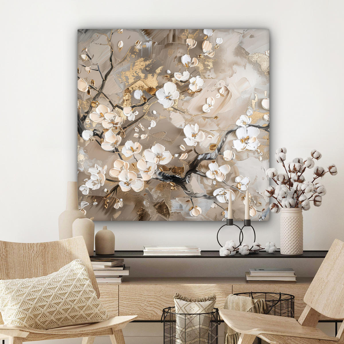 LEINWANDBILD - Blumen - Weiß - Gold - Beige - Luxus - 90x90 - Gemälde - Greige, Textil (90/90cm) - MuchoWow