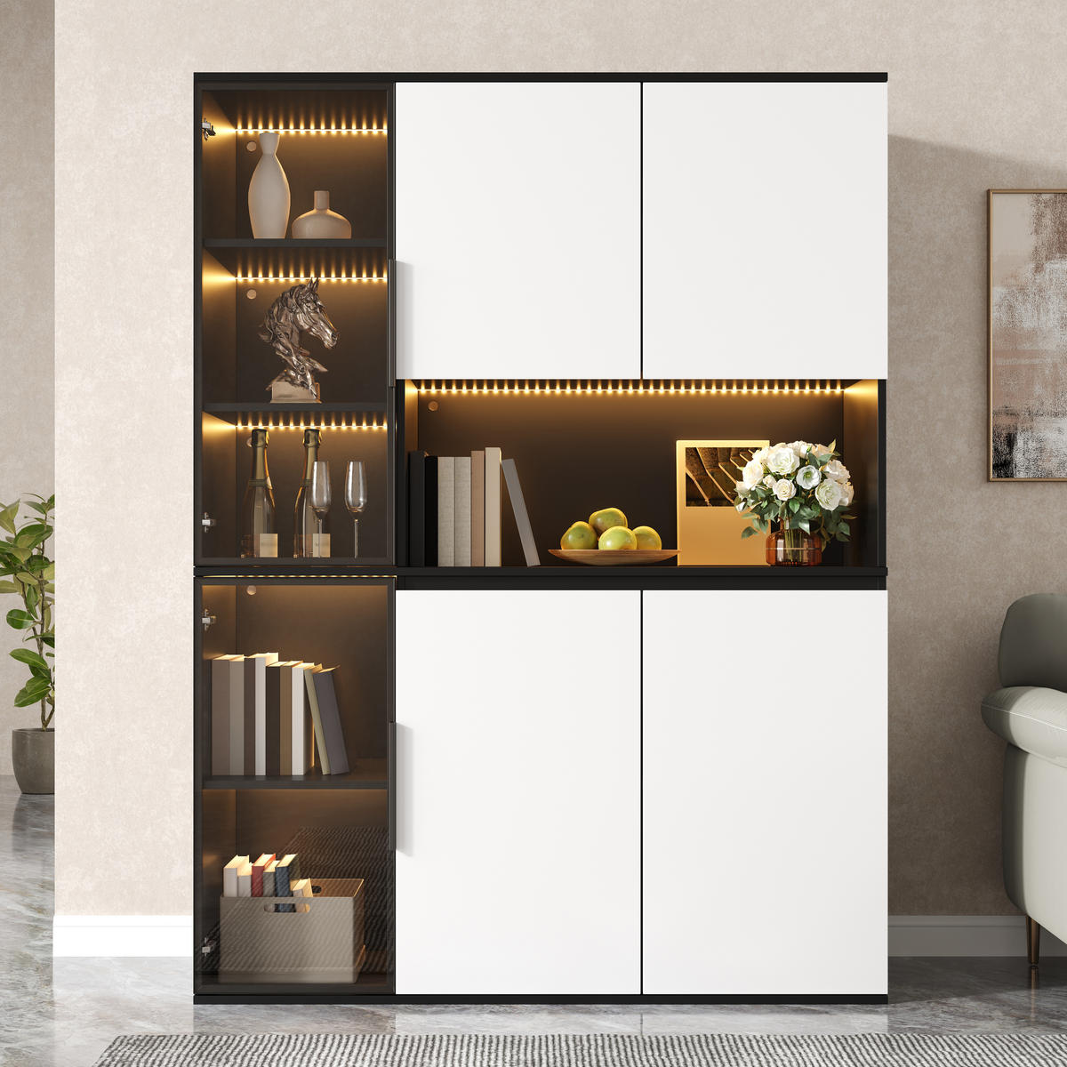 HIGHBOARD DE-37516 120/40/160 cm mit LED-Beleuchtung Weiß/Schwarz - Schwarz/Weiß, Holzwerkstoff (120/160/40cm) - ComfortXL