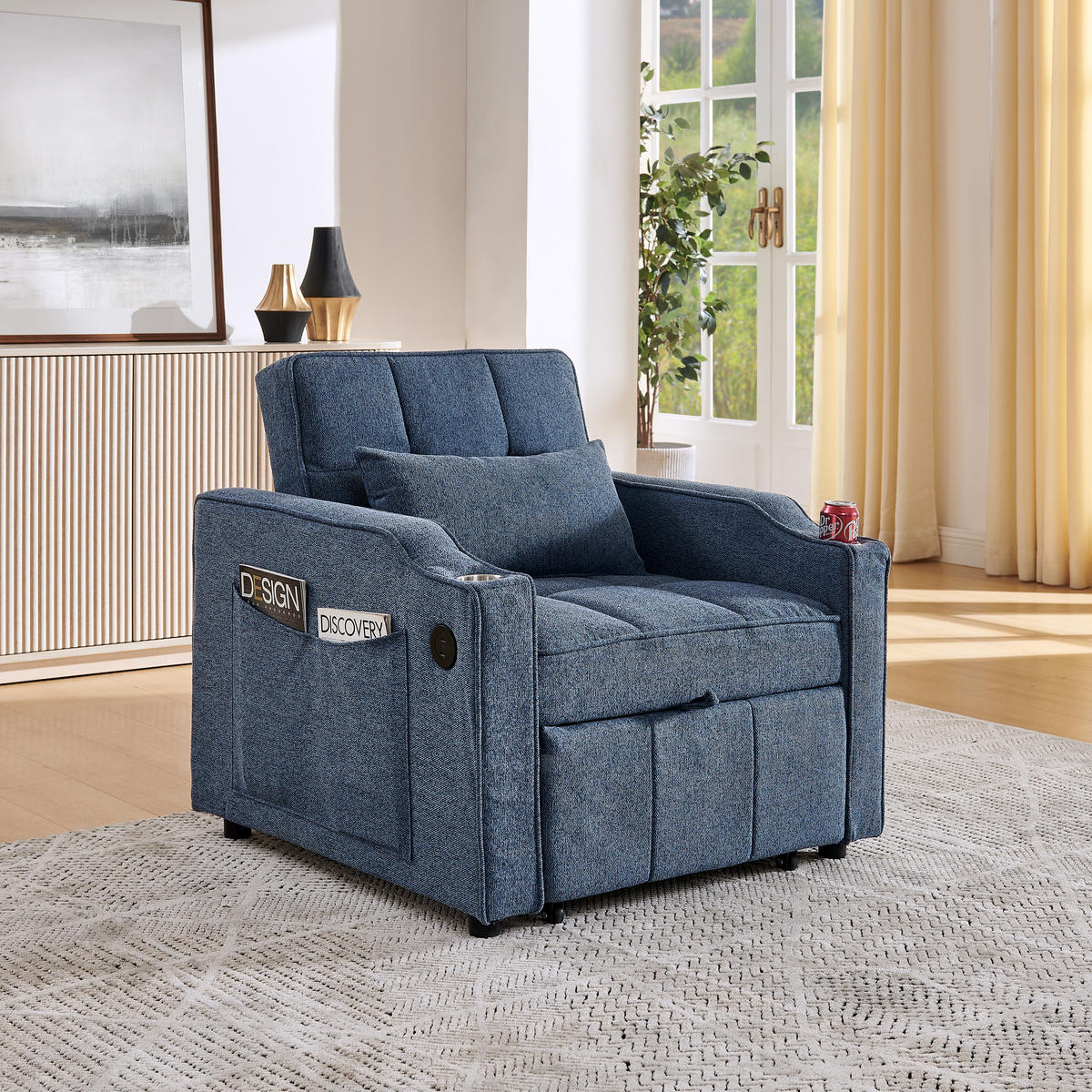 RELAXSESSEL 190/85/86 cm Marineblau mit USB-/Typ-C-Anschluss und Seitentasche - Dunkelblau, Textil (190/86/85cm) - Oxeza