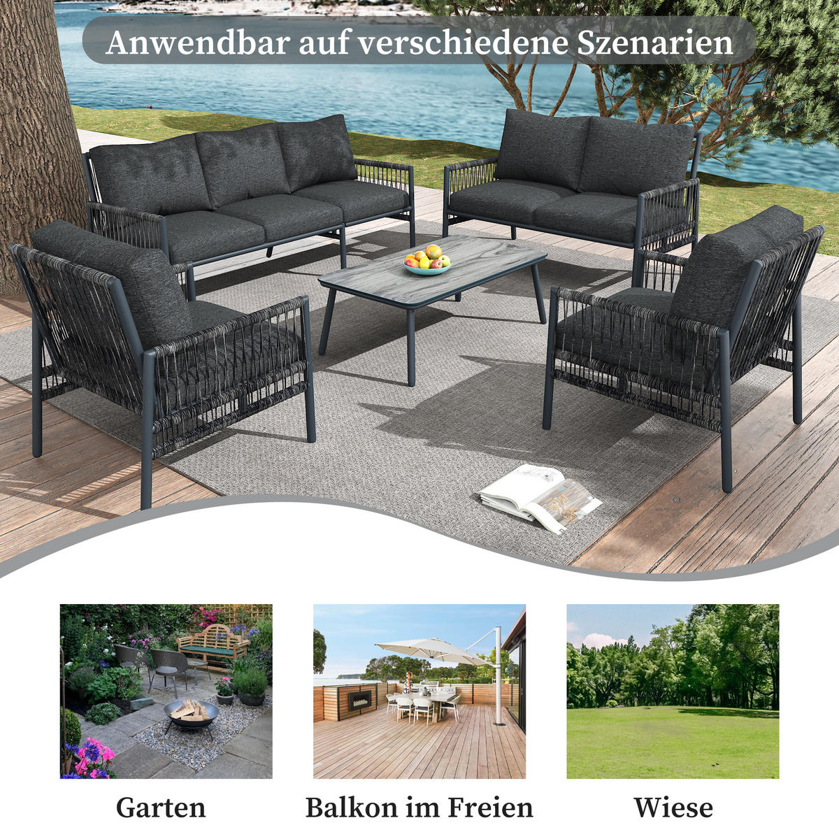 GARTENSET 7-Sitzer Grau PE-Rattan Mit Waschbaren Kissen - Grau, Metall - FLIEKS