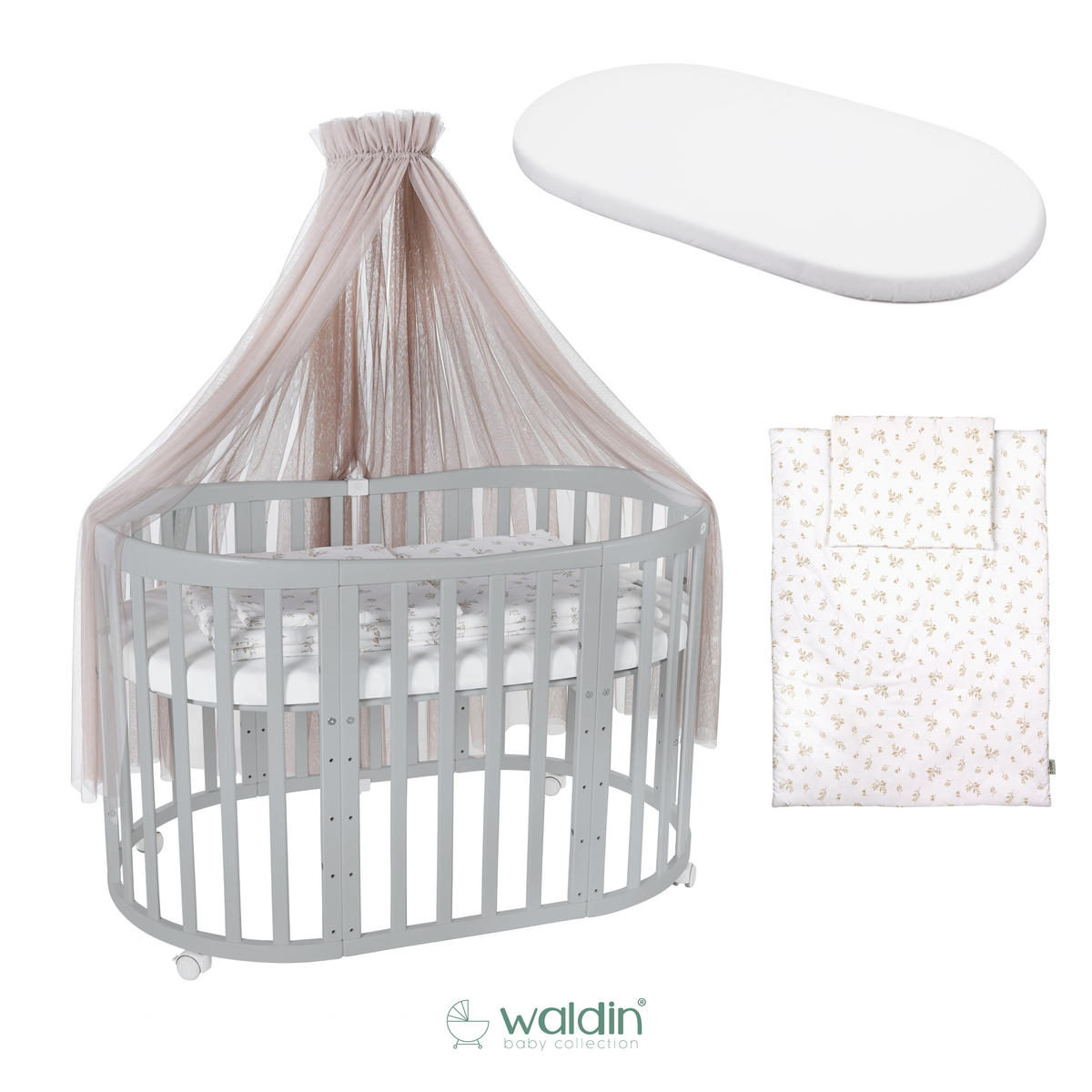 BABYBETT GREY OVAL 7in1 mit Matratze und Himmelset - Taupe/Grau, Holz/Textil