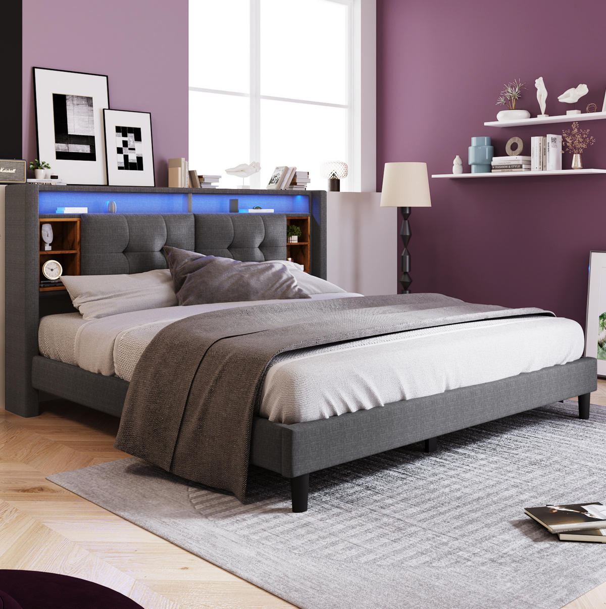 POLSTERBETT 160/200 cm Grau mit Stauraum und USB-Anschlüssen Mit Matratze - Grau, Holz (160/200cm) - OKWISH
