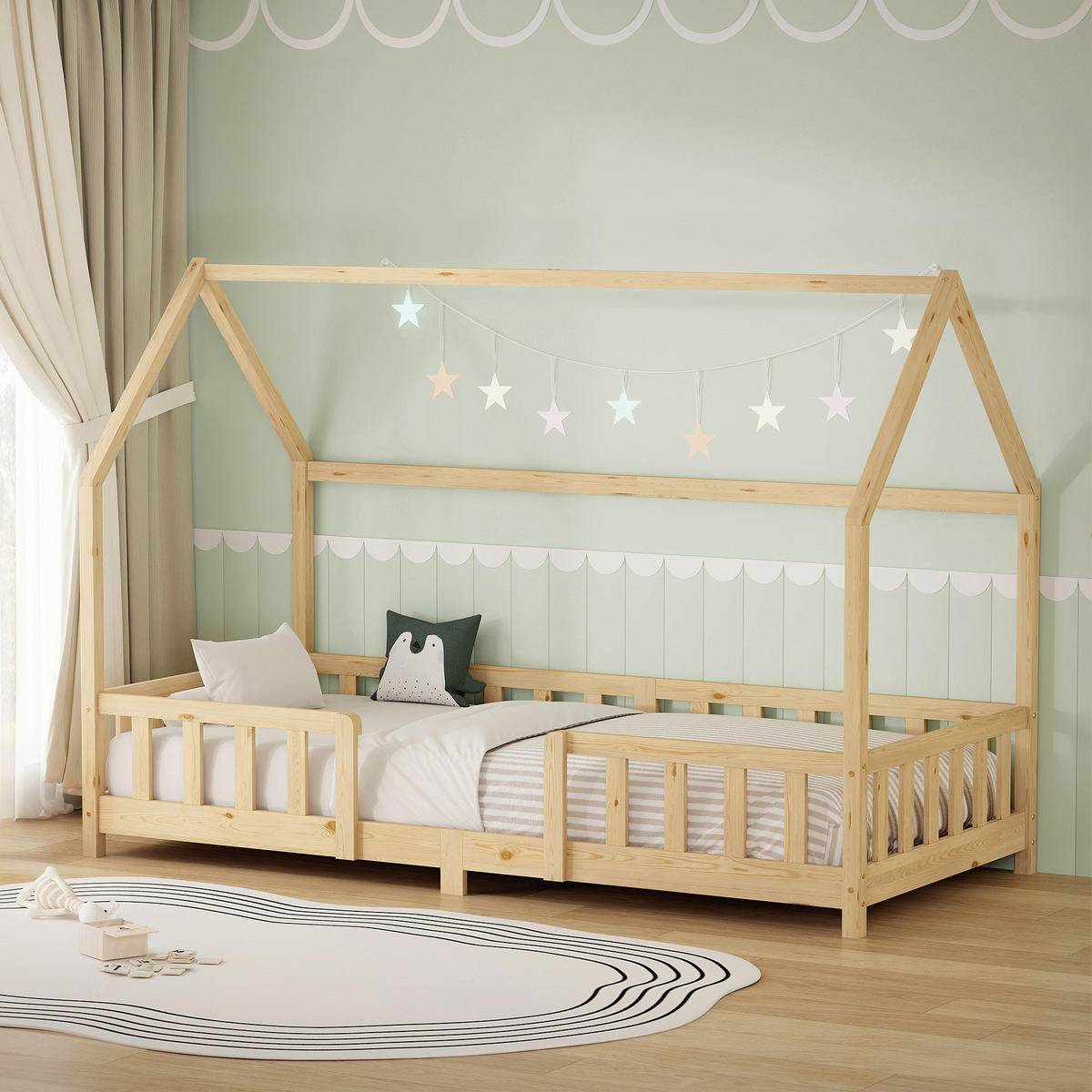 DĚTSKÁ POSTEL 90 x 200 cm s ochrannou bočnicí, přírodní, z masivního borového dřeva - přírodní, dřevo (90/200cm) - ML-DESIGN