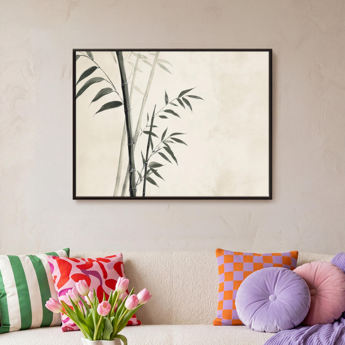LEINWAND Bilder mit Rahmen - Japandi - Bambus - Beige - 80x60 - Eukalyptusholzfarben, Textil (80/60cm) - MuchoWow