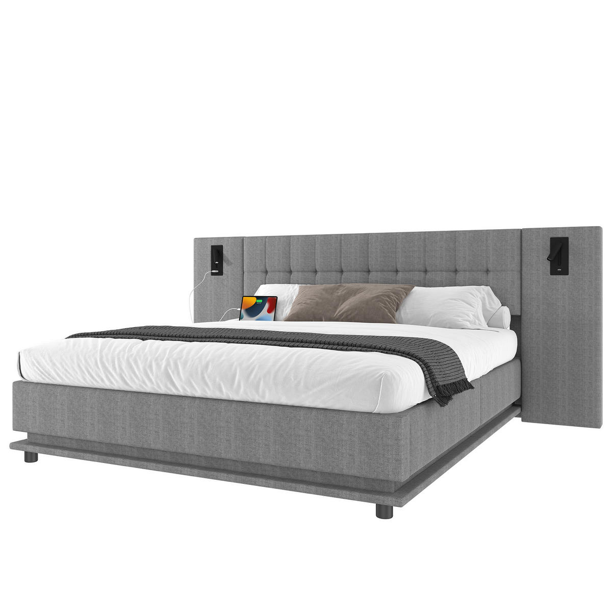 POLSTERBETT aus Leinen und MDF 180x200 cm Grau mit LED-Leiste, Lesespot und USB-Anschluss - Grau, Textil (180/200cm) - IVMEU