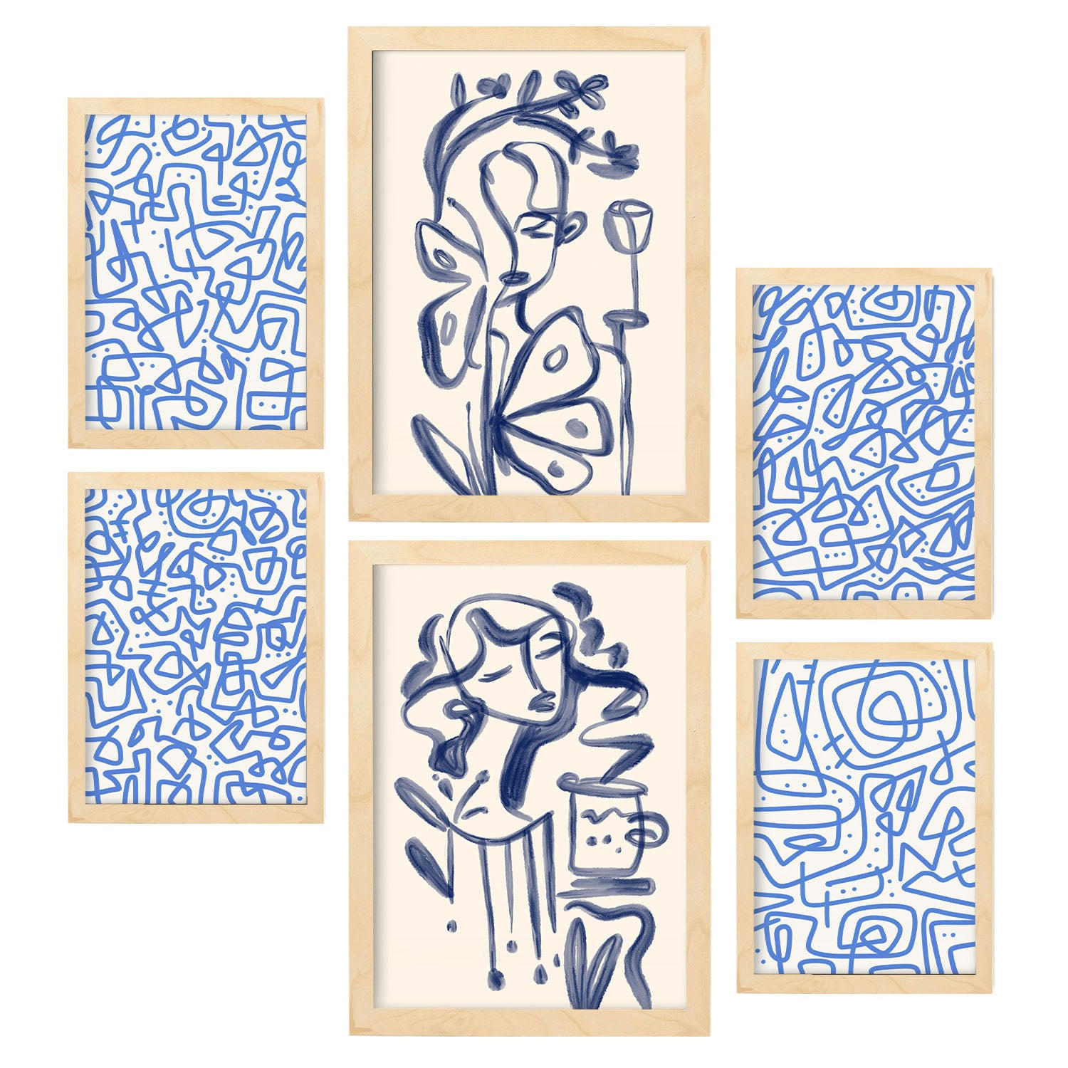 POSTER Set Mit 6 Junge Im Rahmen In Weibliche Zusammenfassung Ästhetische Dekorative Gemälde Für Ihr Wohnzimmer Zuhause A3 & A4 Rahmen Aus Hellem Holz - Beige, Papier (29/3cm) - Nacnic