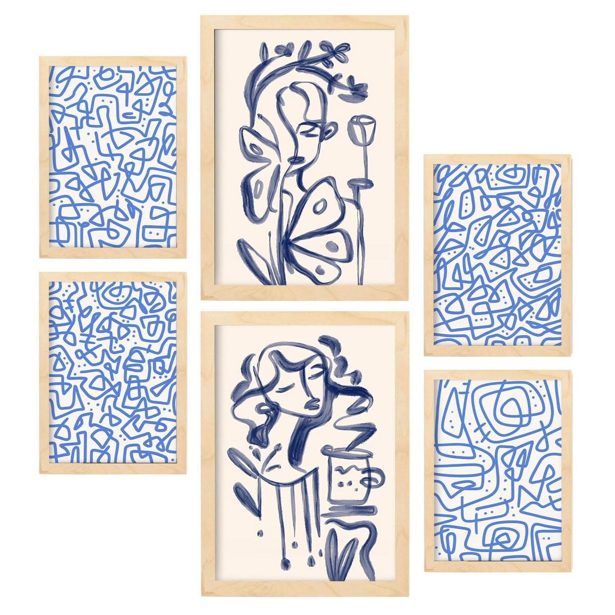 POSTER Set Mit 6 Junge Im Rahmen In Weibliche Zusammenfassung Ästhetische Dekorative Gemälde Für Ihr Wohnzimmer Zuhause A3 & A4 Rahmen Aus Hellem Holz - Beige, Papier (29/3cm) - Nacnic