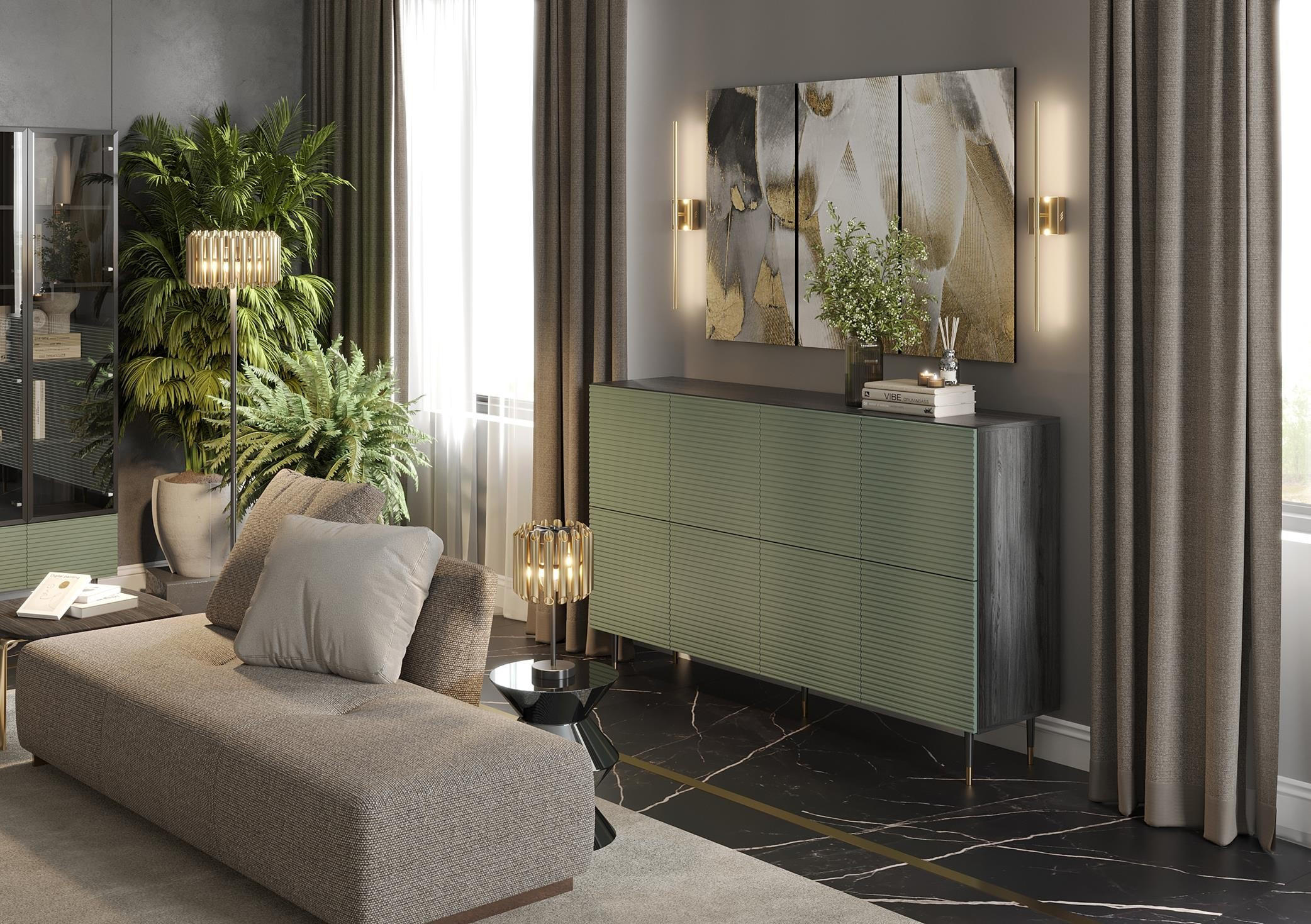 Thumbnail - Bettso Kommode, Grün, Schwarz, Holzwerkstoff, 180x108x42 cm, Wohnzimmer, Kommoden & Sideboards, Kommoden