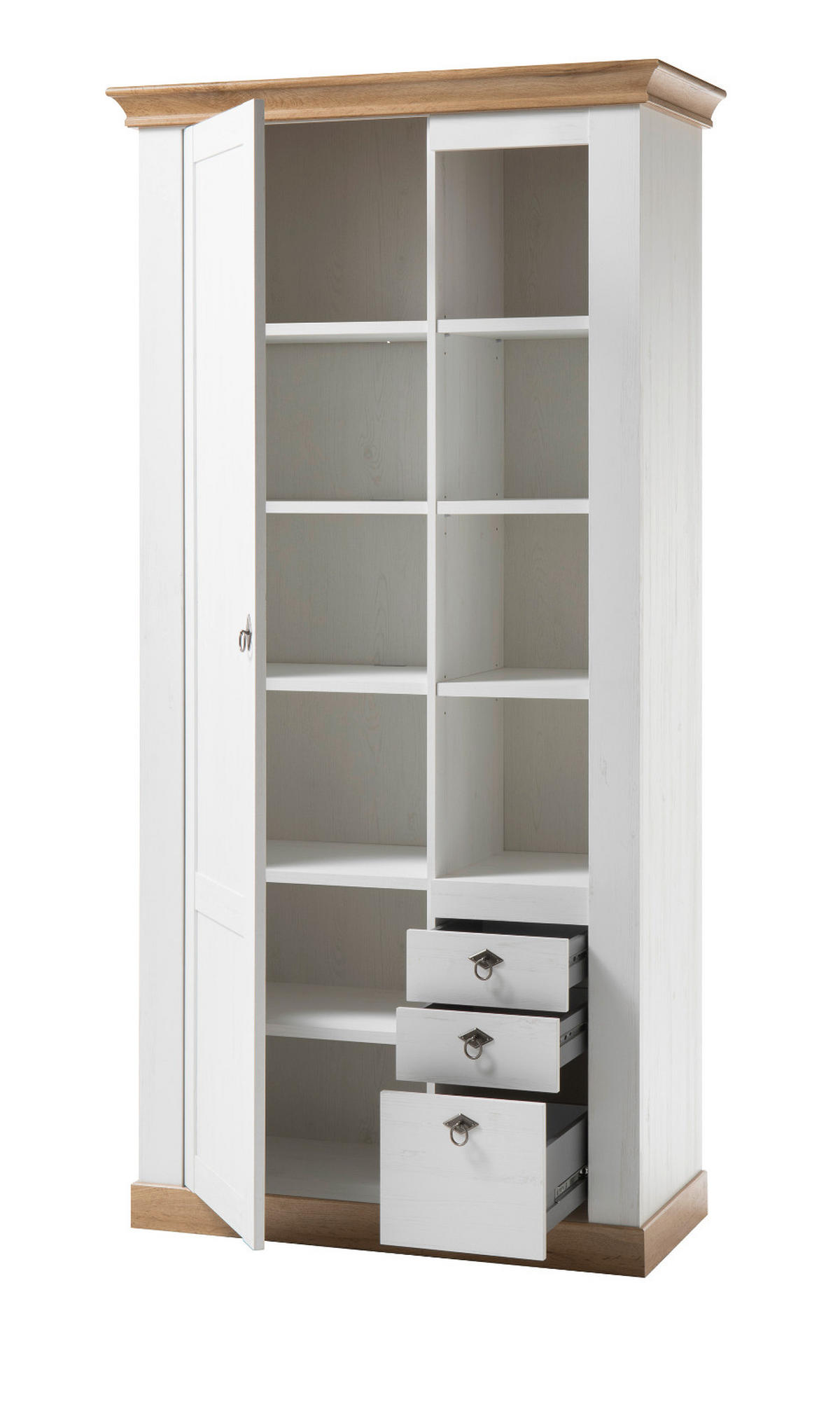 WOHNWAND weiß Pinie, Eiche Landhaus 376 cm 4-teilig, Schrankwand im Landhaus-Stil - Silberfarben/Eiche Wotan, Glas/Holzwerkstoff (376/376/52cm) - Furn.Design
