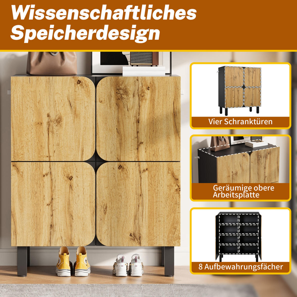 SCHUHSCHRANK 80/38,5/95 cm mit 4 Türen, verstellbaren Einlegeböden und Soft-Close, Schwarz/Natur - Schwarz, Holzwerkstoff (80/95/38.5cm) - Redom