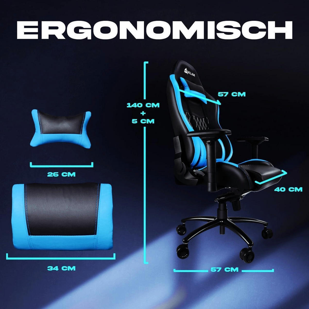 GAMING Stuhl mit 4D-Armlehnen und Kopf- & Lendenkissen Blau - Blau, Kunststoff (57/57/140cm)