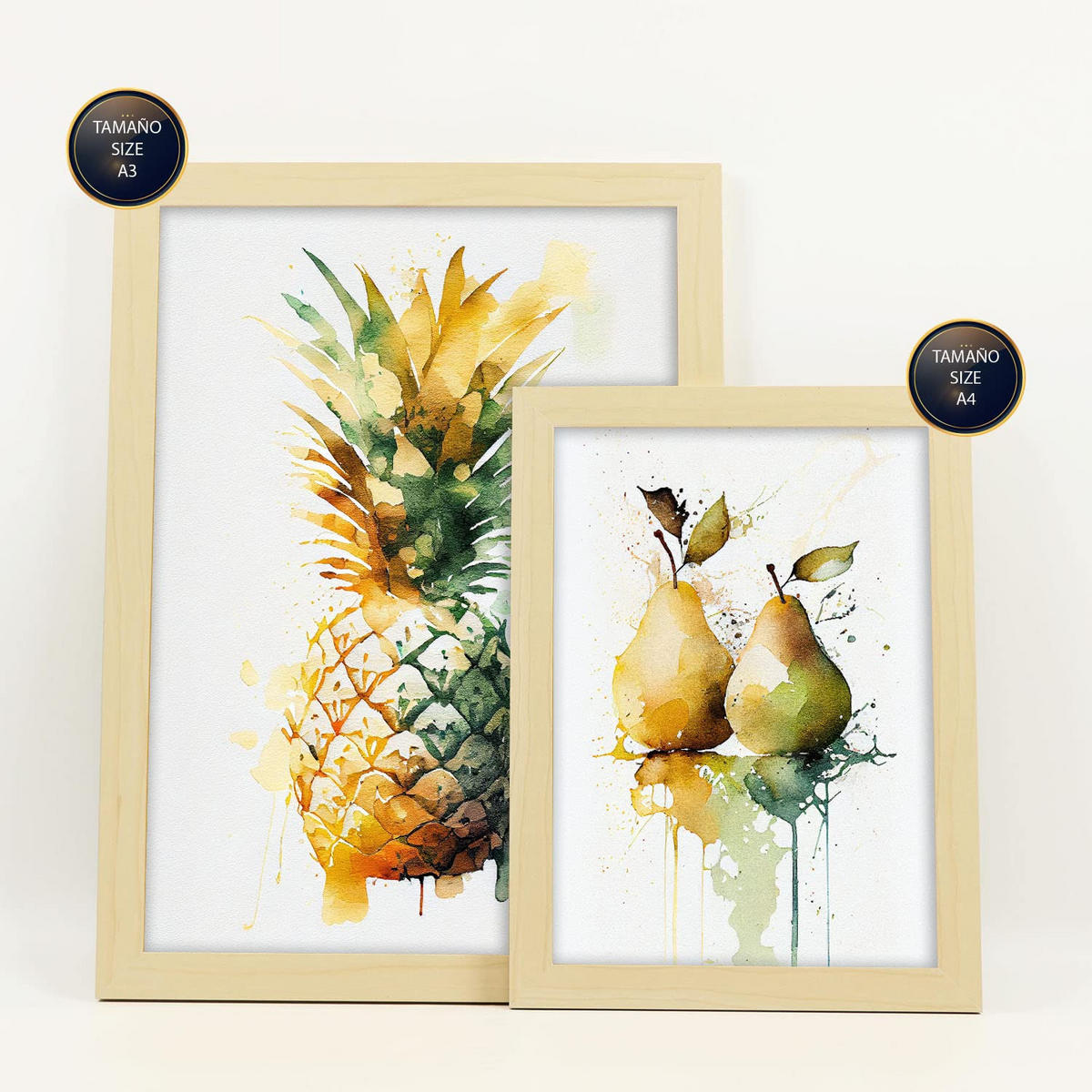 POSTER Set Mit 6 Tropische Früchte Plakate Von Obst Gemüse & Gesunden Lebensmitteln Im Aquarell Kunst Auf Reinweißen A3 & A4 Rahmen Aus Hellem Holz - Beige, Papier (29/3cm) - Nacnic