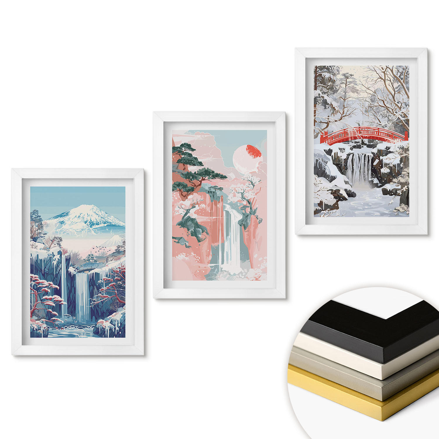 WANDBILDER 3er-Set - 20x30 cm Weißer Rahmen - Berglandschaften, Wasserfälle - Weiß, Kunststoff (20/30cm) - ArtPrintCave