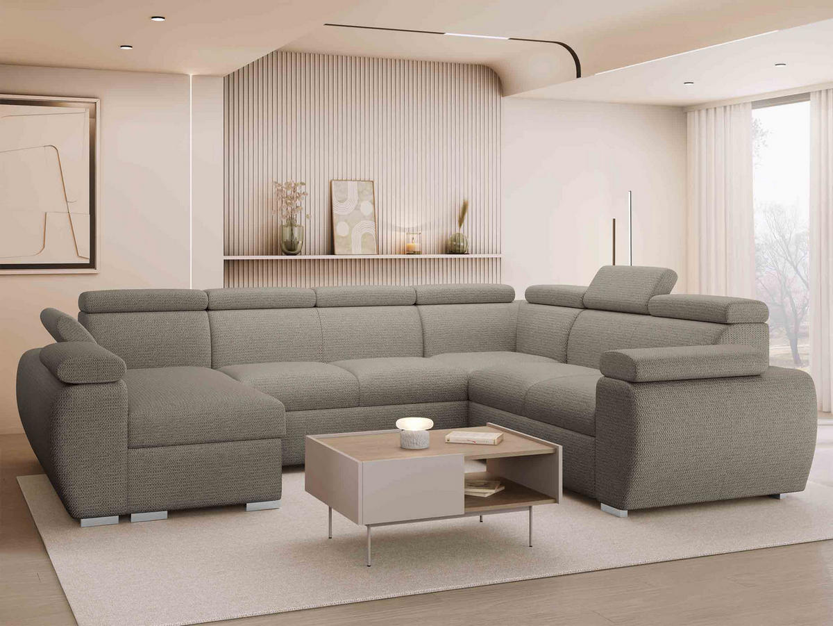 WOHNLANDSCHAFT Boston U, Seite: Links - LC+2P+R+2R - Chromfarben/Hellbraun, Holz/Textil (325/98/260cm) - MIRJAN24