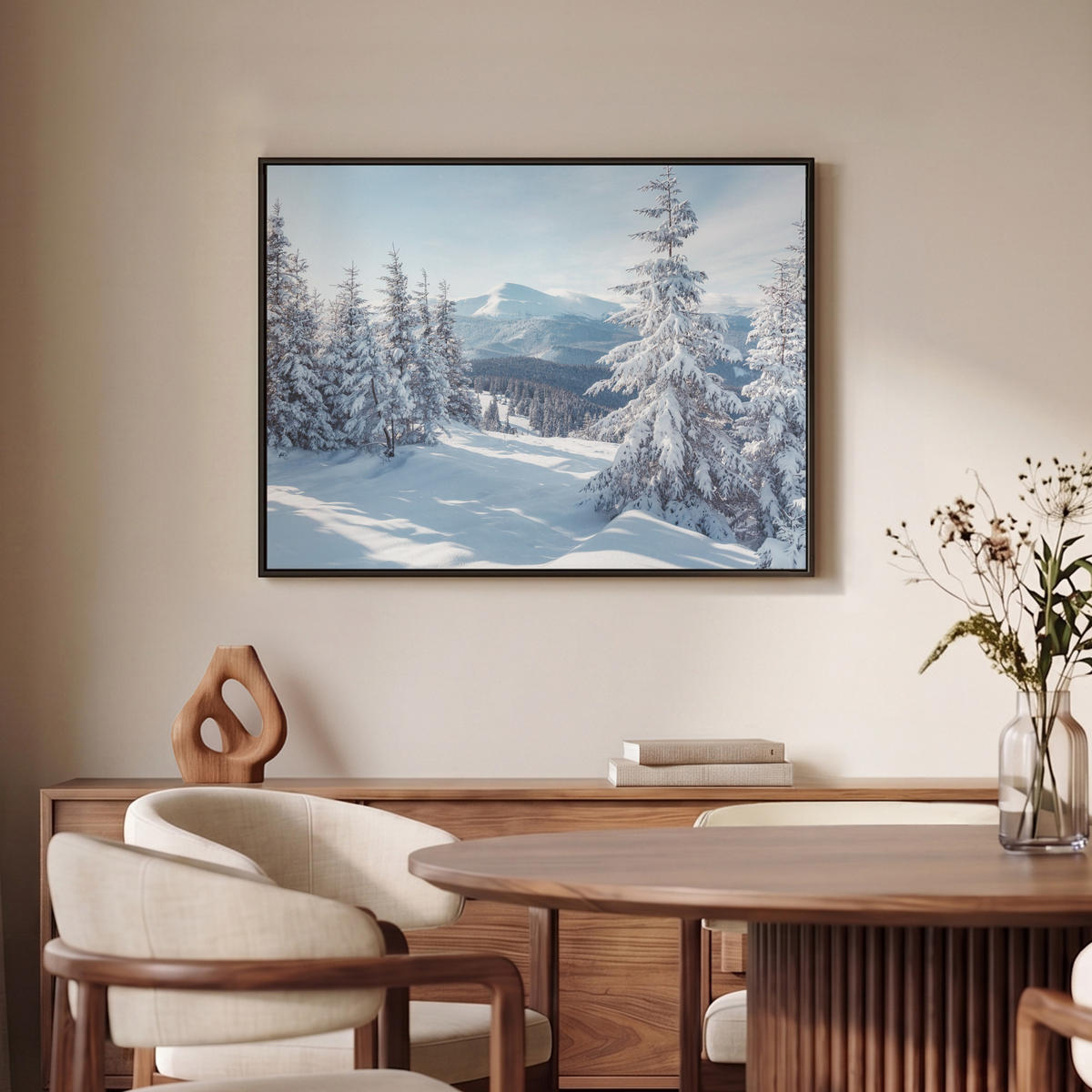 LEINWAND Bilder mit Rahmen - Winterlandschaft - Natur - Berge - Bäume - Schnee - 70x50 - Hellblau, Textil (70/50cm) - MuchoWow
