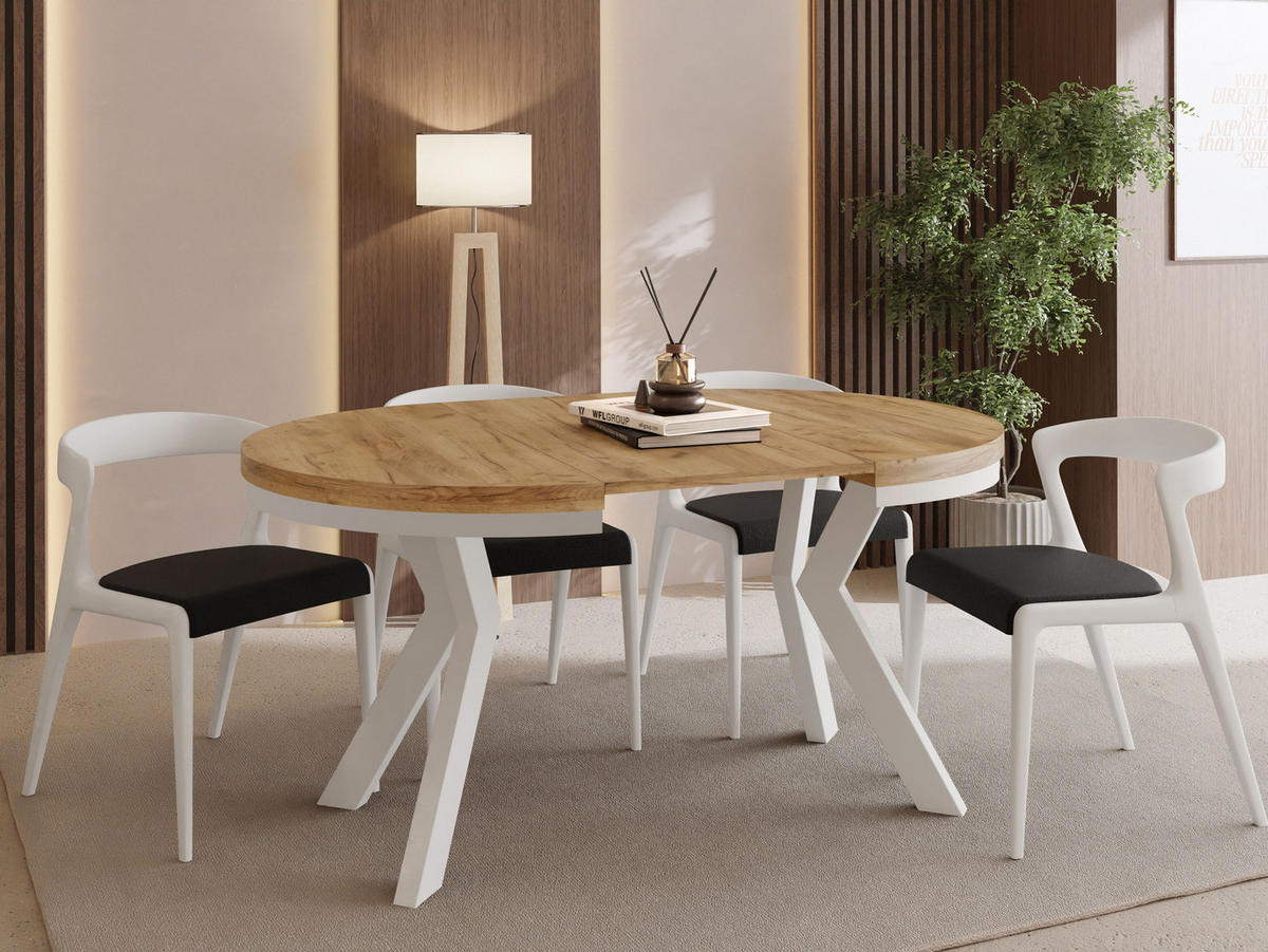 ESSTISCH Savio Weiß Neo rund ausziehbar verlängerbar, Eiche Braun 80-130/80/77 cm - Eiche Wotan/Weiß, Holz/Holzwerkstoff (80/80/77cm) - WFL GROUP