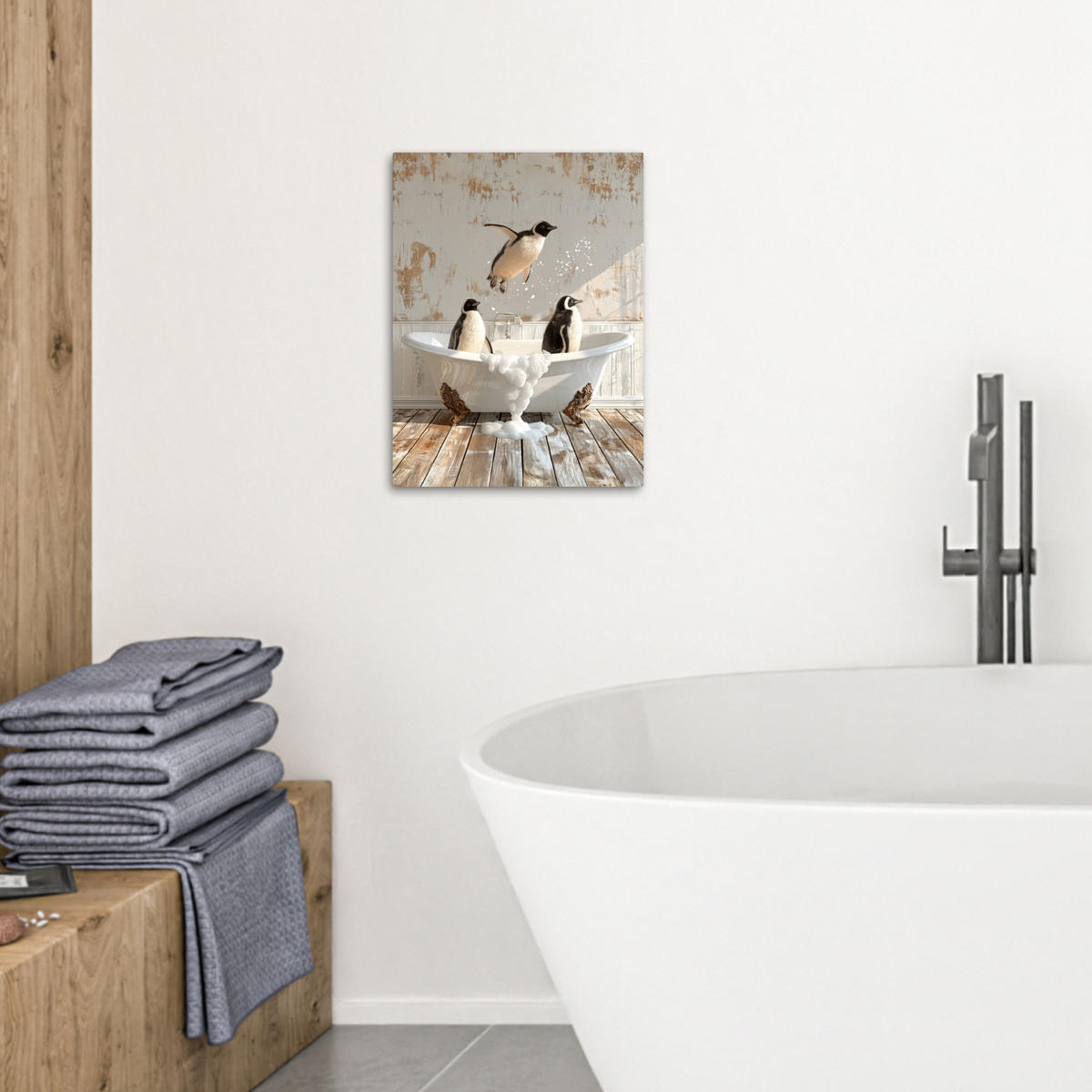 LEINWANDBILD Vintage - Pinguin - Badewanne - Schaumstoff 30x40 cm - Schwarz, Textil (30/40cm) - MuchoWow