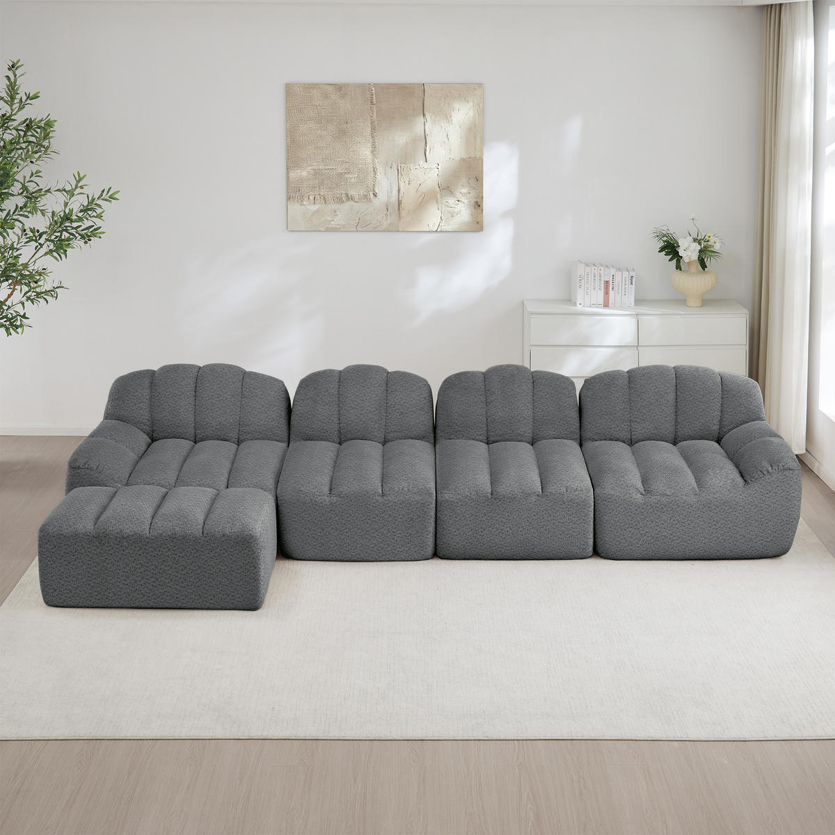 4-SITZER Sofa 366x165x79 cm aus granuliertem Fleece rahmenlos modular mit Ottoman, grau - Grau, Textil (165/79/366cm)
