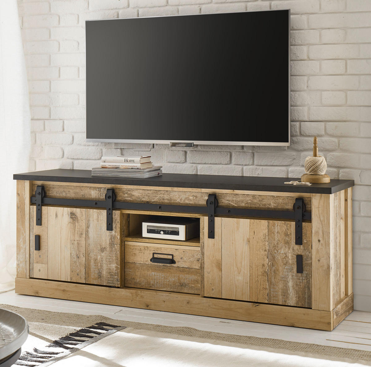 TV-LOWBOARD Used Wood hell, anthrazit 162 x 61 cm, TV Unterteil in Komforthöhe - Anthrazit/Schwarz, Holzwerkstoff/Metall (162/61/43cm) - Furn.Design