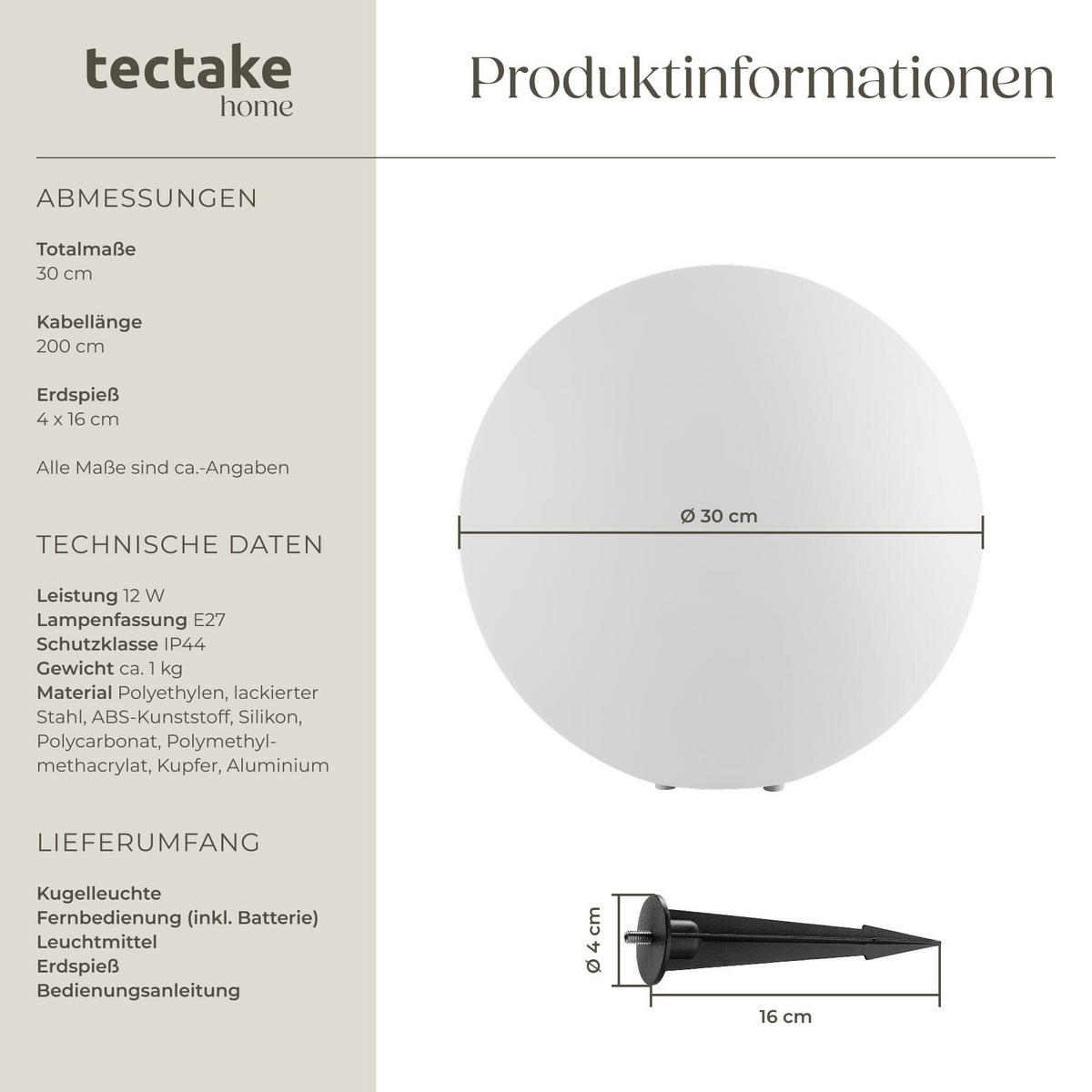 KUGELLEUCHTE Luminous Globe, inklusive Erdspieß, weiß - Weiß, Kunststoff (30/30/30cm) - tectake