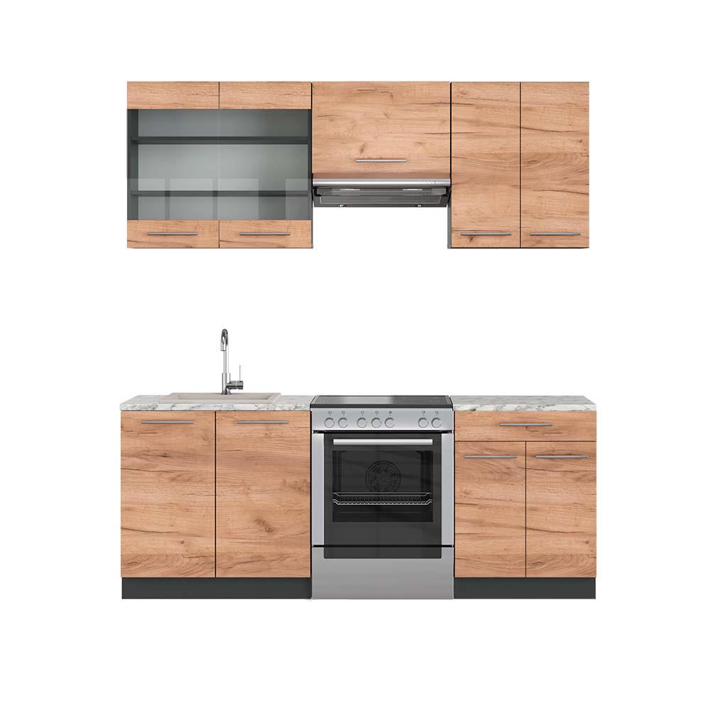 KÜCHENZEILE Fame-Line Goldkraft Eiche/Anthrazit 200 cm, AP Marmor - Anthrazit/Eiche Wotan, Holzwerkstoff (200/81.6/60cm) - Vicco