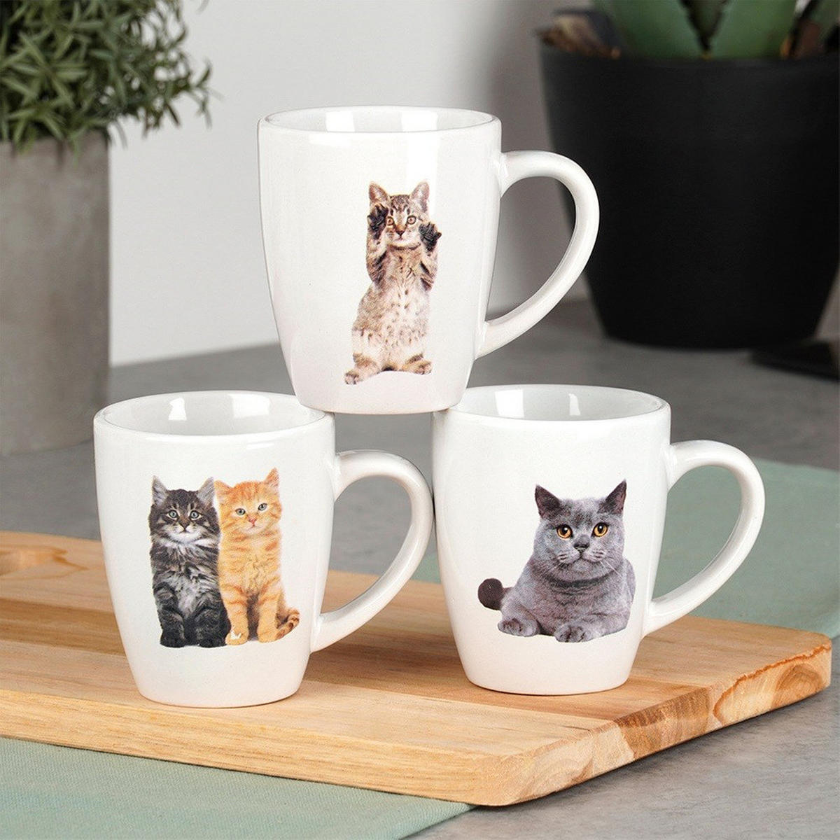 KERAMIKBECHER-SET KATZEN, Keramik, weiß, 3 Stk., 220 ml - Weiß, Keramik (0.22L) - Excellent Houseware
