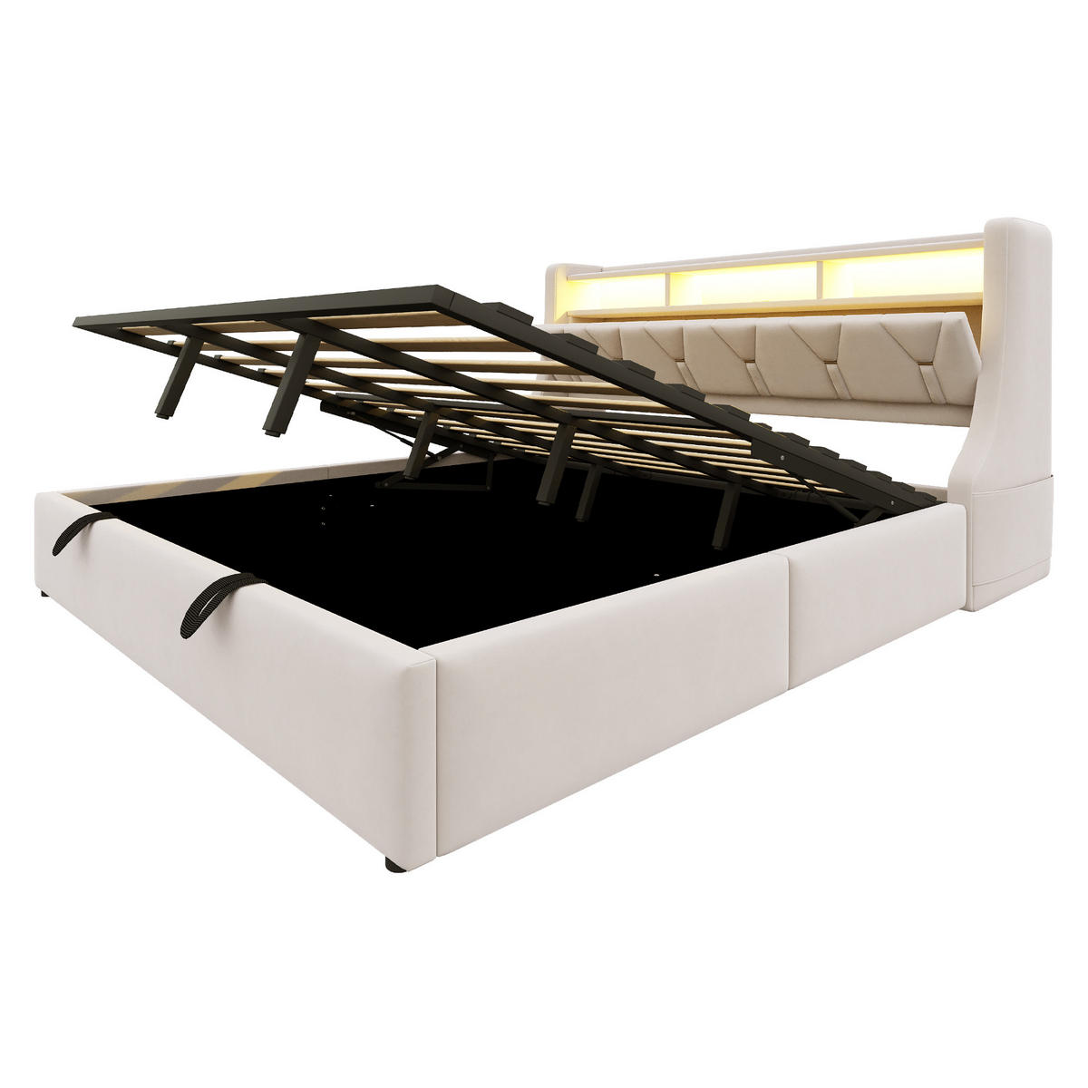 POLSTERBETT 180/200 cm Beige aus Samt mit Stauraum mit LED-Beleuchtung - Beige, Textil (180/200cm) - OKWISH