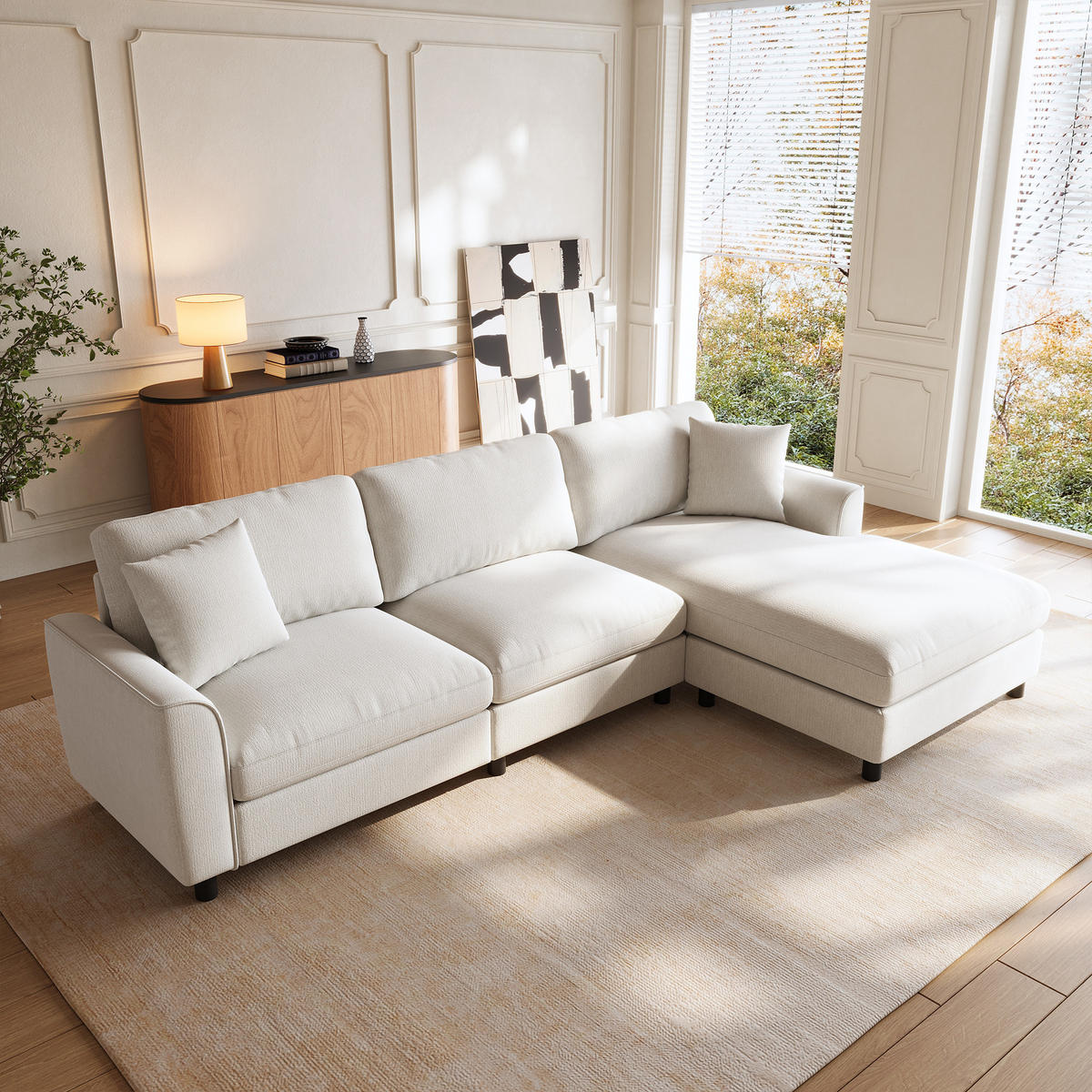 ECKSOFA 3-Sitzer Wolkenform mit umstellbarer Liege, DE-42509, Beige - Beige, Holzwerkstoff (256/137cm) - ComfortXL