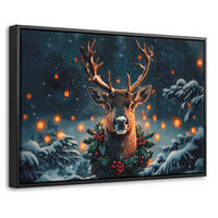 LEINWAND Bilder mit Rahmen - Hirsch - Weihnachten - Winter - Schnee - Weihnachtskranz - 60x40 - Dunkelbraun, Textil (60/40cm) - MuchoWow