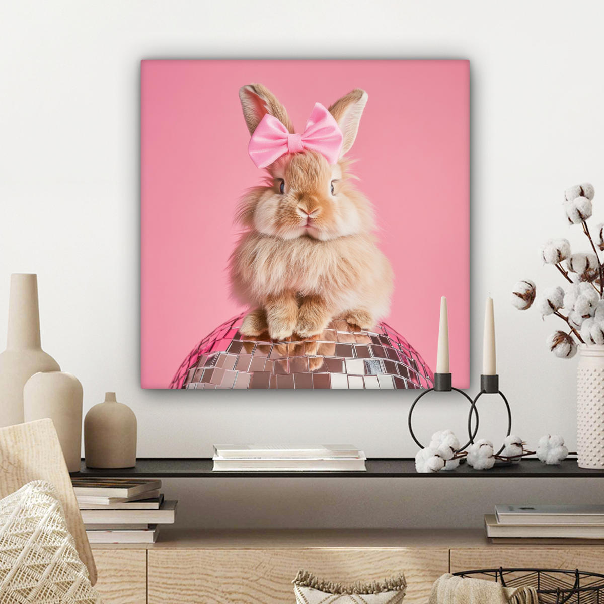 LEINWANDBILD Schleife - Discoball - Kaninchen Wandbild Wohnzimmer 50x50 cm - Pink, Textil (50/50cm) - MuchoWow