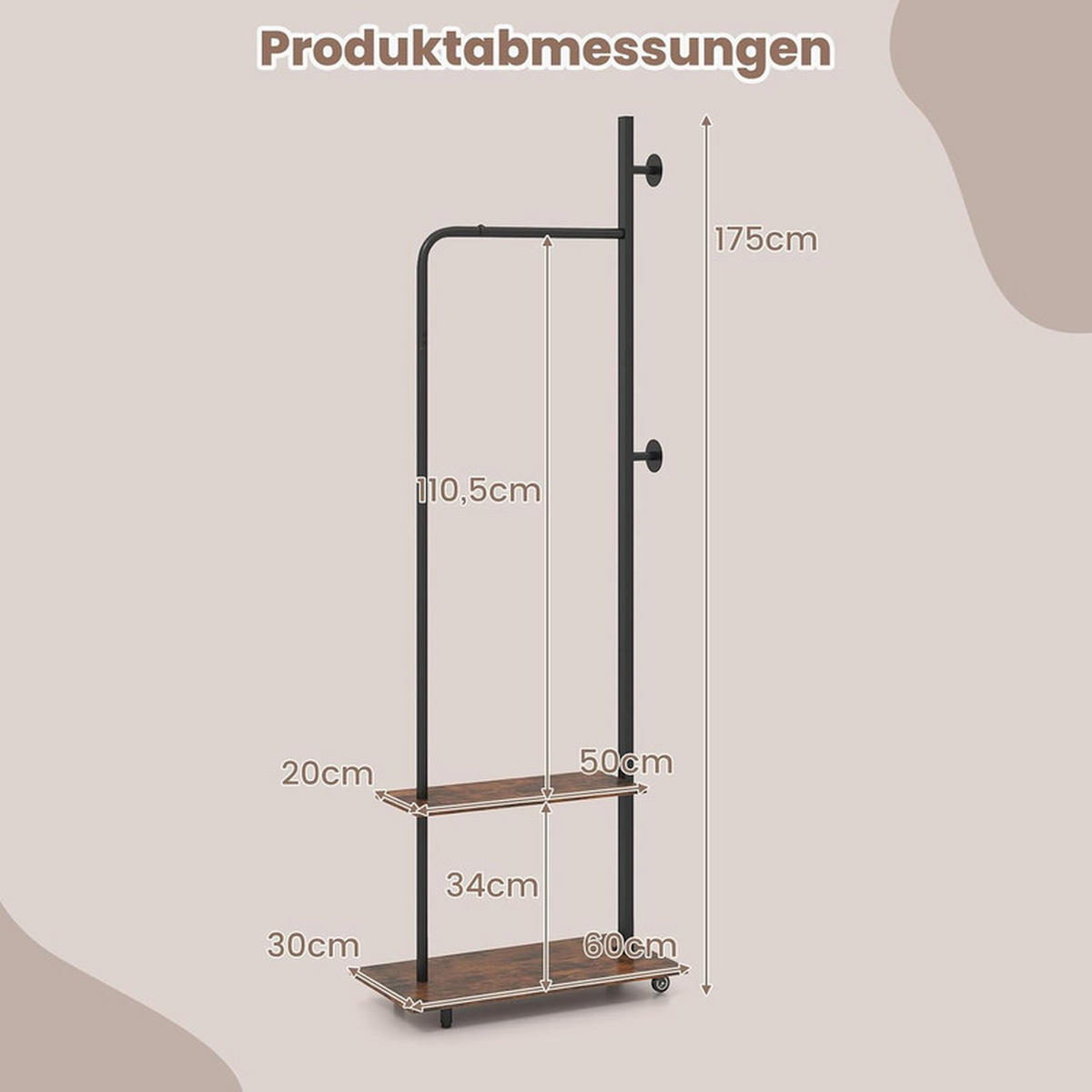 KLEIDERSTÄNDER auf Rollen braun - Braun, Metall (60/175/30cm) - COSTWAY