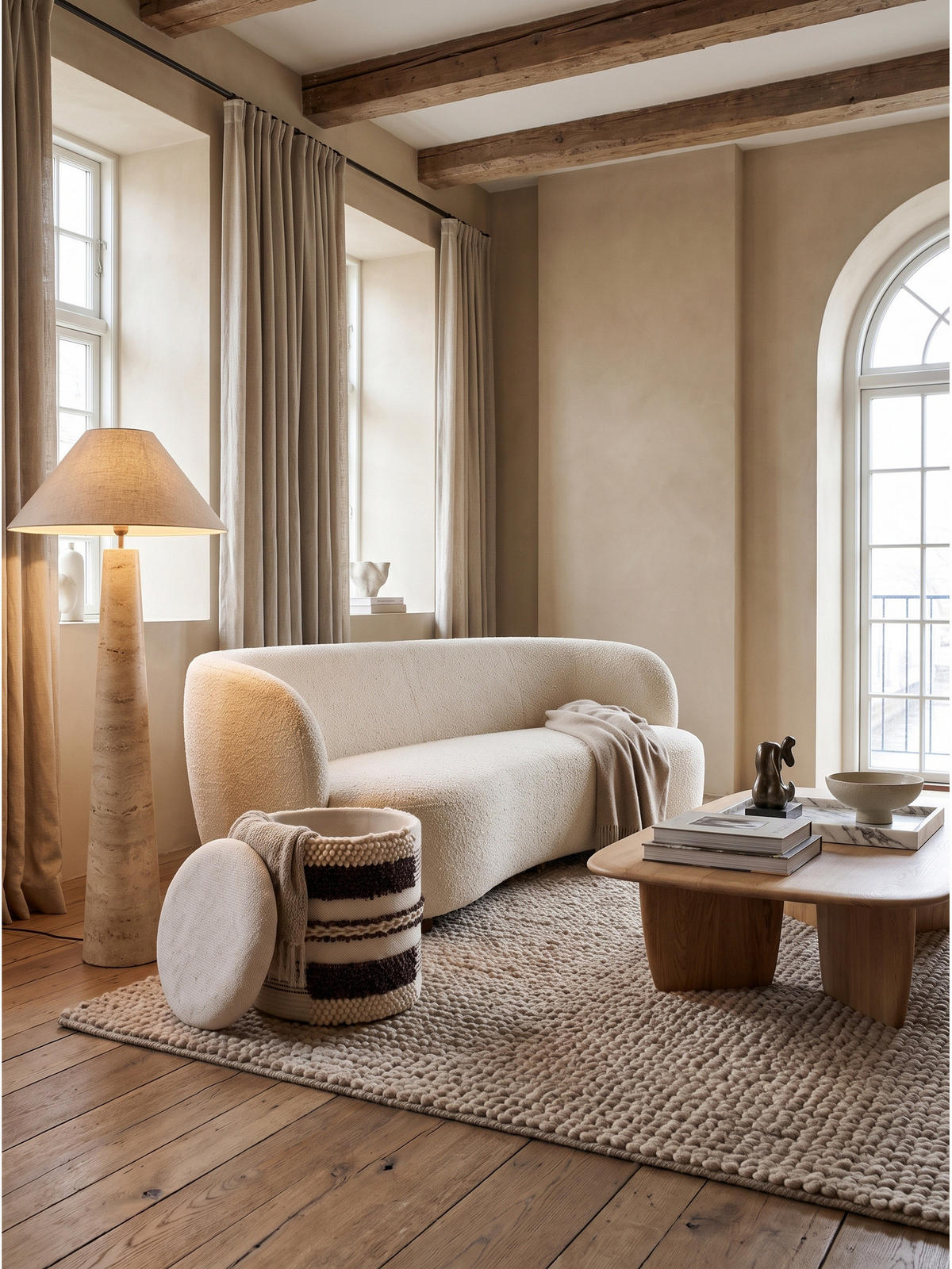 SITZHOCKER RHONE, Stoff, mit Textilbezug, mit Stauraum, Beige-Braun, Ø 40 x 45 cm - Beige/Creme, Textil (40/45/40cm) - KADIMA DESIGN