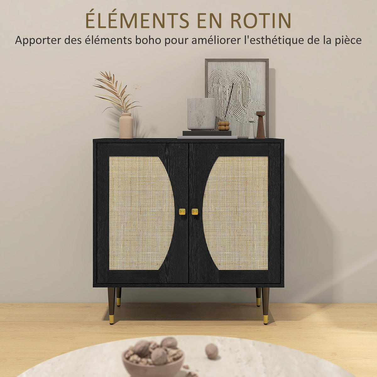SIDEBOARD DE-11084 Boho-Design mit 2 Türen & Rattan-Front Schwarz - Schwarz, Holzwerkstoff (80/79/38cm) - ComfortXL