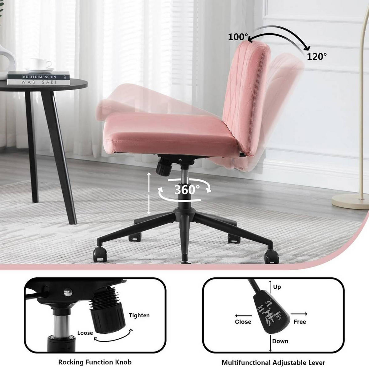 BÜROSTUHL 100°-120° neigbar, Samt, Rosa - Schwarz/Rosa, Kunststoff/Textil (64/80/70cm) - Woltu