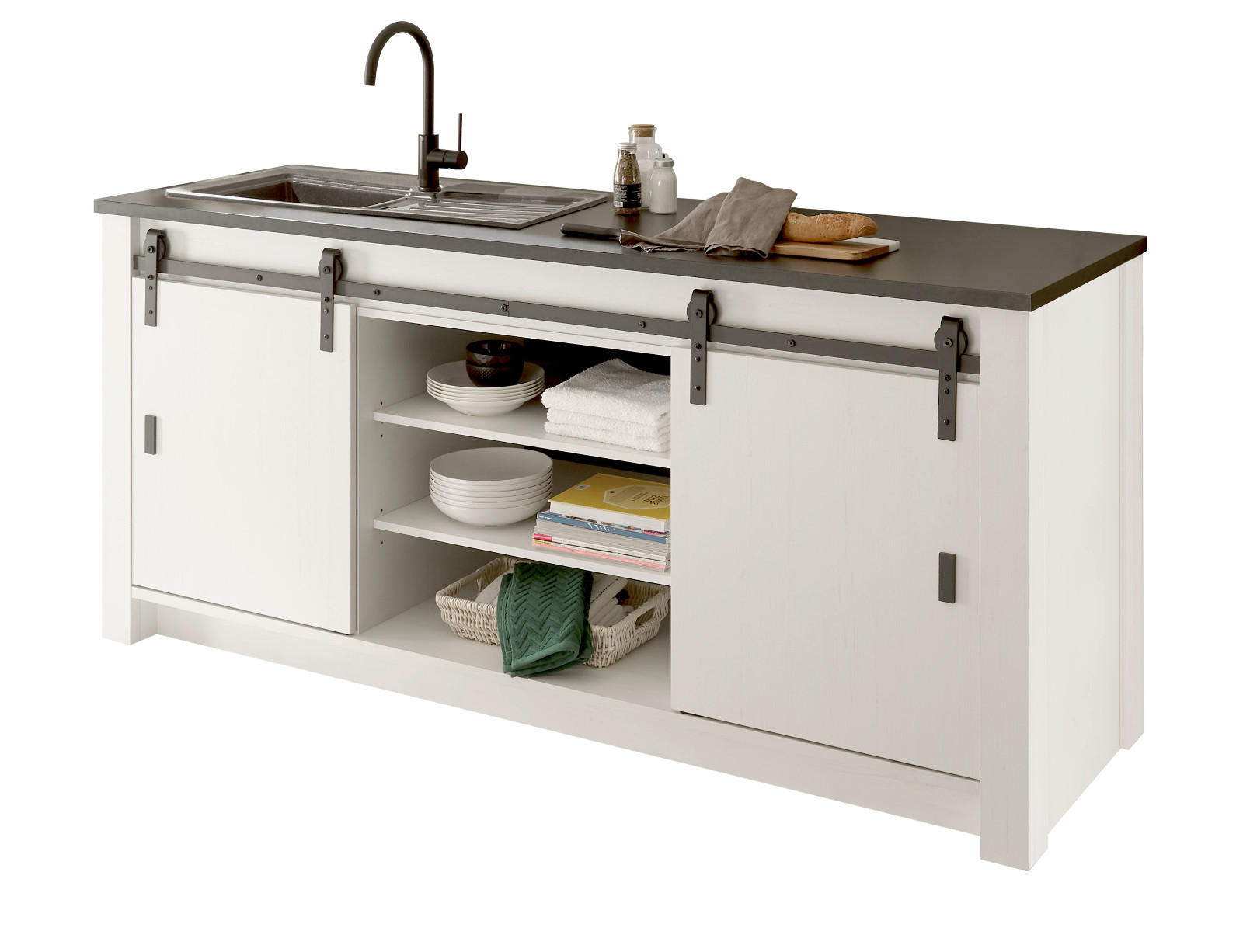 KÜCHENSCHRANK weiß Pinie, anthrazit Landhaus, Küche Unterschrank für Spüle oder Kochfeld cm 200 cm - Anthrazit/Schwarz, Holzwerkstoff/Metall (201/93/64cm) - Furn.Design
