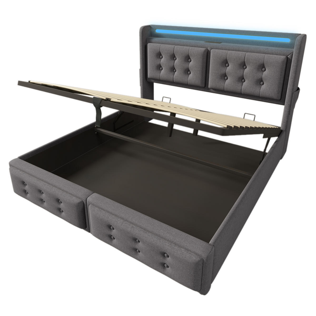BETT mit Stauraum, LED und USB 160x200 cm Baumwoll-Leinen Grau - Grau, Metall (160/200cm) - Meubliv