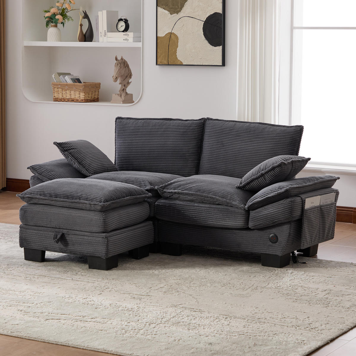 2-SITZER Sofa aus Cord 190x132x84 cm mit Hocker & USB-C, dunkelgrau - Dunkelgrau, Textil (132/84/190cm)