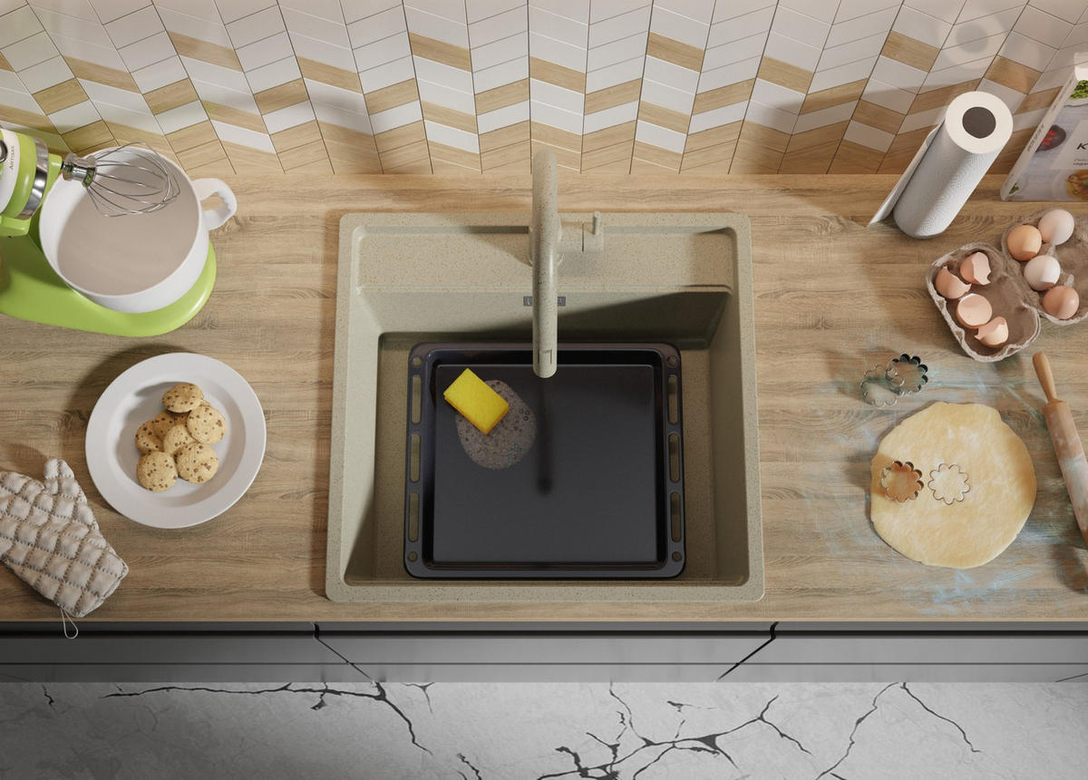 GRANITSPÜLE Bergen, 2-er set Beige 56/53 cm 1 Becken + Küchenarmatur 38/14 cm + Ablauf-Set + Schneidebrett ab 60er Unterschrank - Chromfarben/Beige, Kunststoff (56/20/53cm) - Primagran