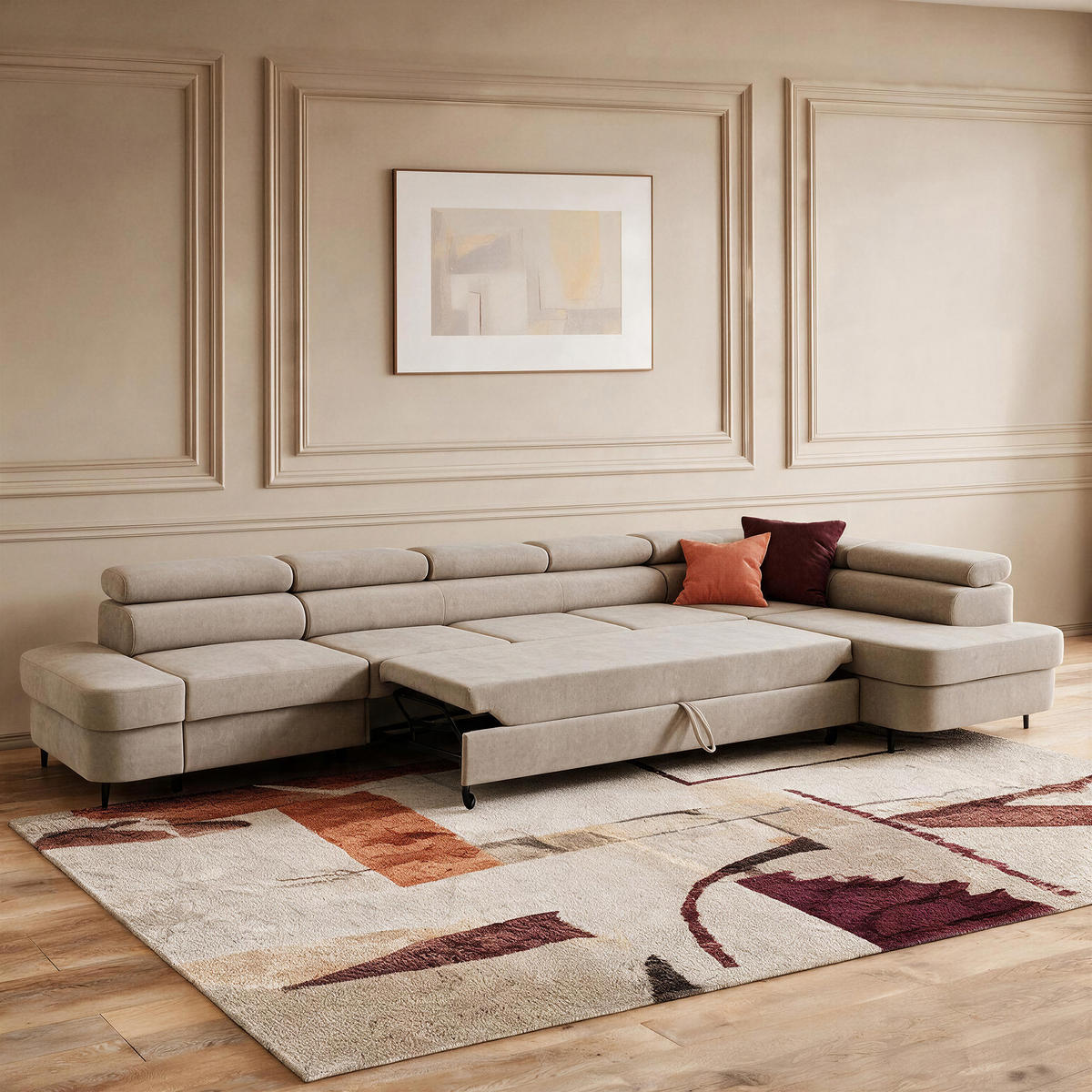 ECKSOFA PRIAM XXL L-Form Rechts mit Schlaffunktion 125x265 Velours Creme - Creme/Schwarz, Holz/Textil (420/203cm) - Muffo
