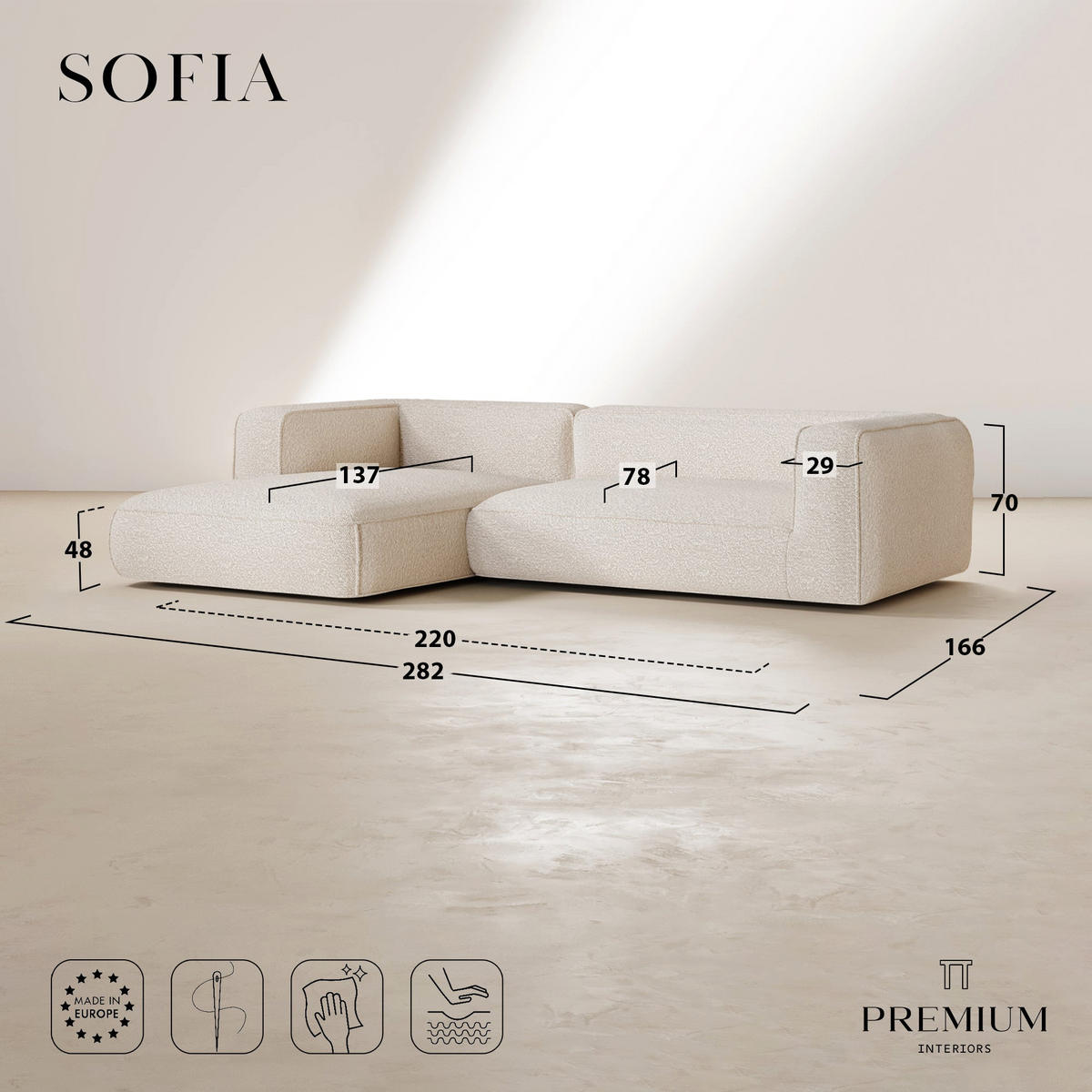 ECKSOFA (links) SOFIA Köpergewebe Beige 282cm - Beige, Textil (282/166cm) - Premium Interiors