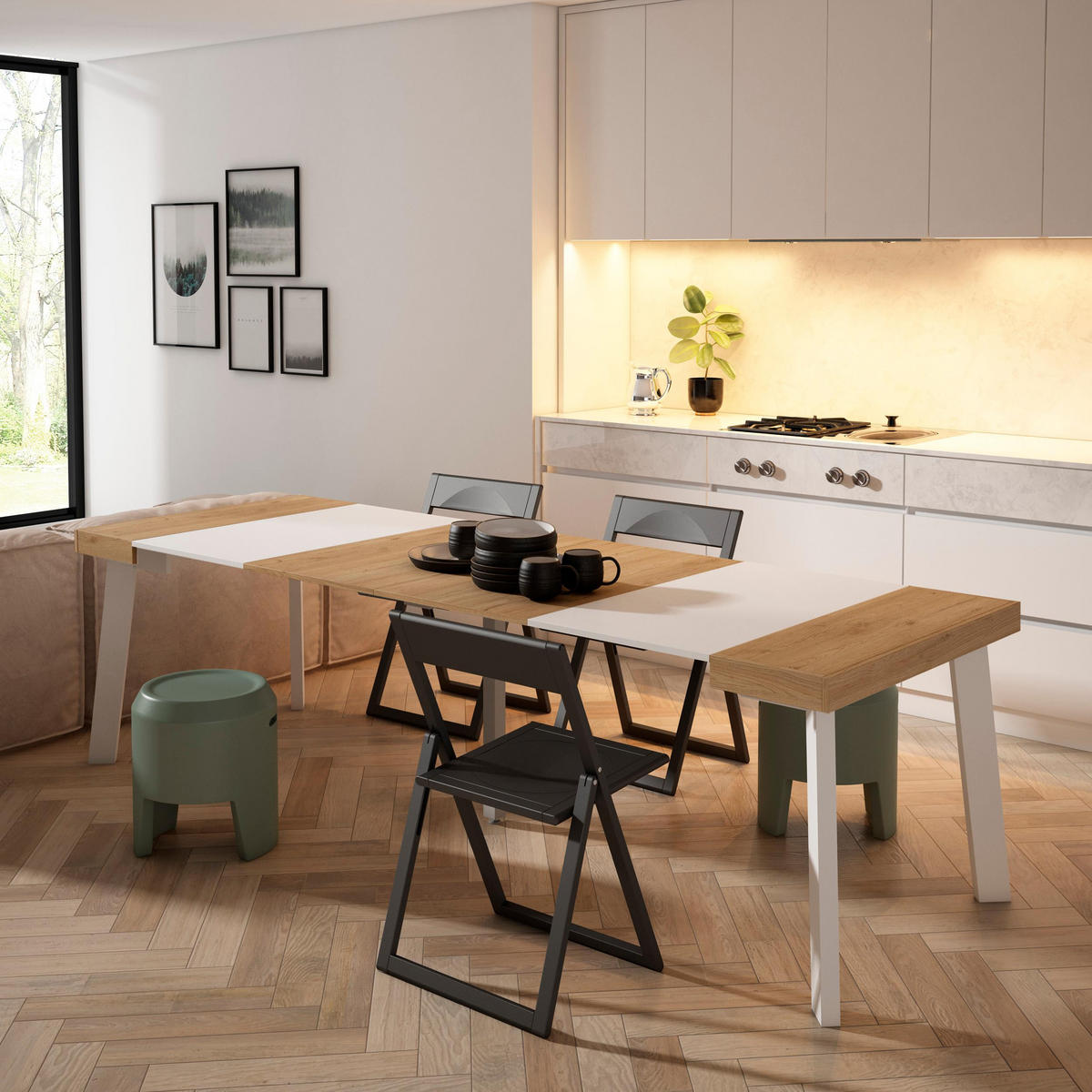 KONSOLENTISCH ausziehbar 58 bis 262cm, für 12 Gäste, eiche weiß, 90/58/73cm - Eichefarben/Weiß, Holzwerkstoff (90/262/73cm) - Skraut Home