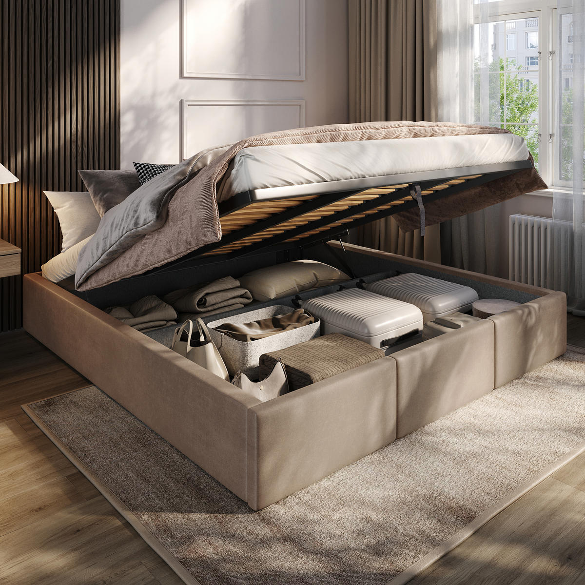 POLSTERBETT für Schlafzimmer Bett mit Stauraum Beige 180x200cm - Beige, Holzwerkstoff/Textil (180/200cm) - Muralo