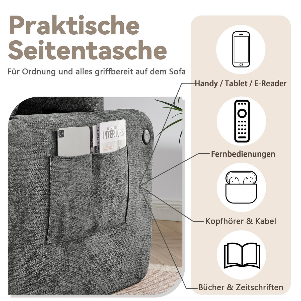 2-SITZER SOFA Chenille Gray mit USB-Ladefunktion, Magazintasche, Getränkehalter und Kissen - Grau, Textil (220/89/100cm) - WISHDOR