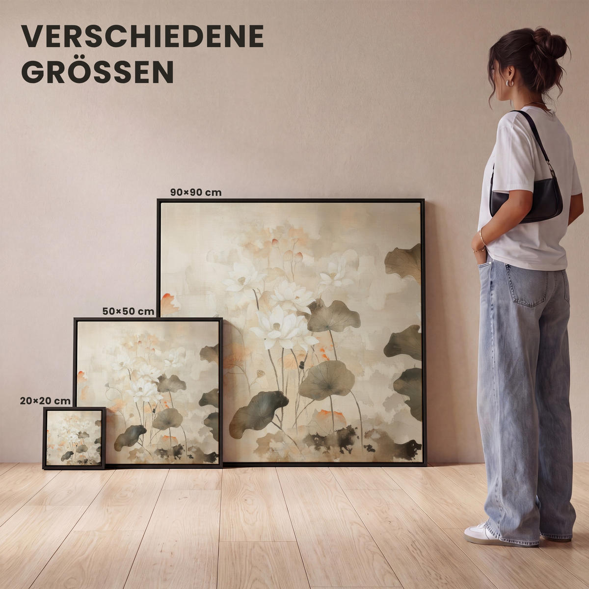 LEINWAND Bilder mit Rahmen - Blumen - Japandi - Wabi sabi - 20x20 - Sandfarben, Textil (20/20cm) - MuchoWow