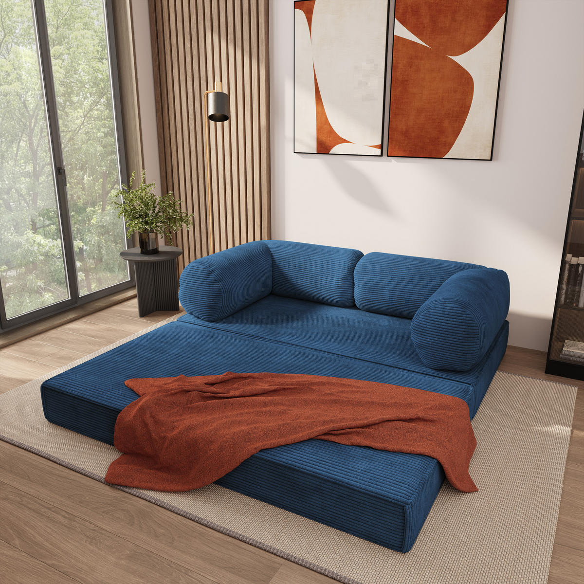 POHOVKA z pěny ALVIO s funkcí spaní Manšestrová látka Modrá - modrá, textil (170/68/80cm) - MASSENO