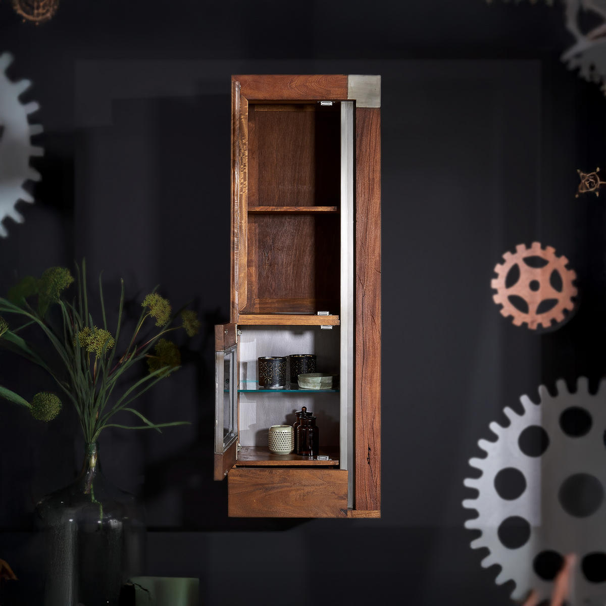 HÄNGEVITRINE Mango 48x35x142 braun lackiert Amsterdam #12 - Braun, Holz (48/142/35cm) - Massivmoebel24